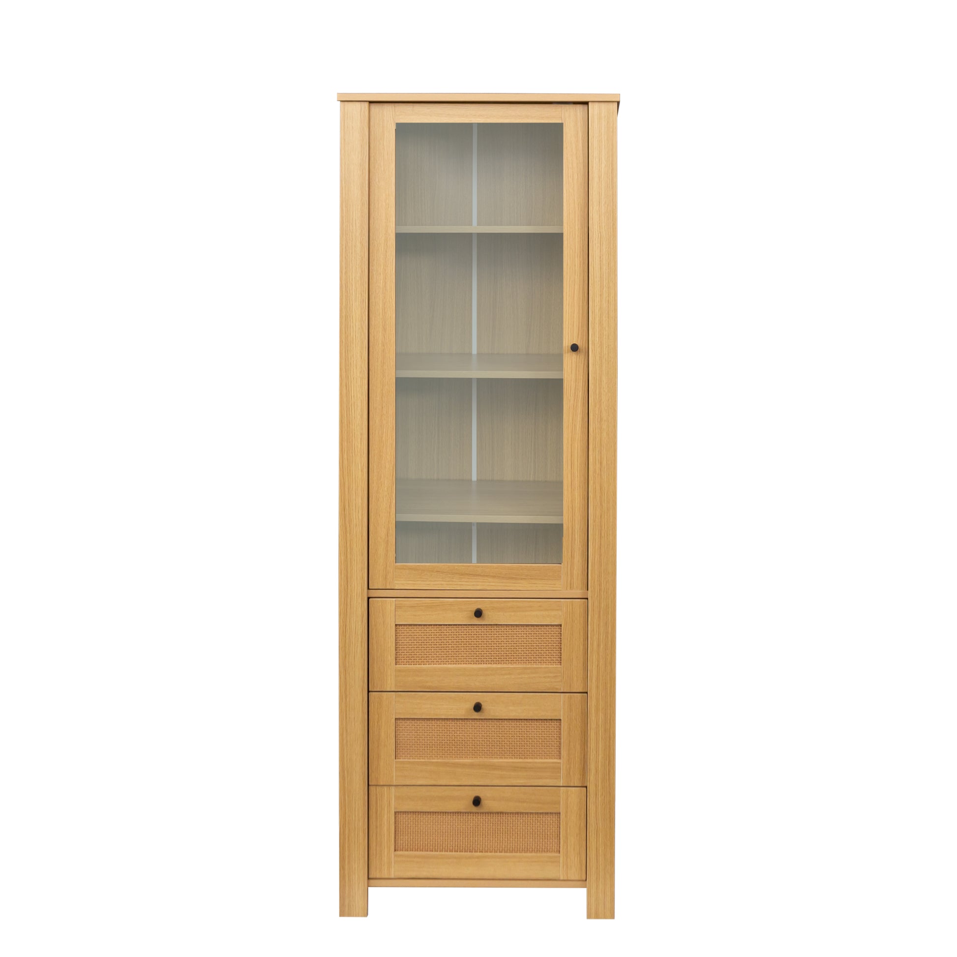 Rattan Door Bookshelf Display Case With Drawer