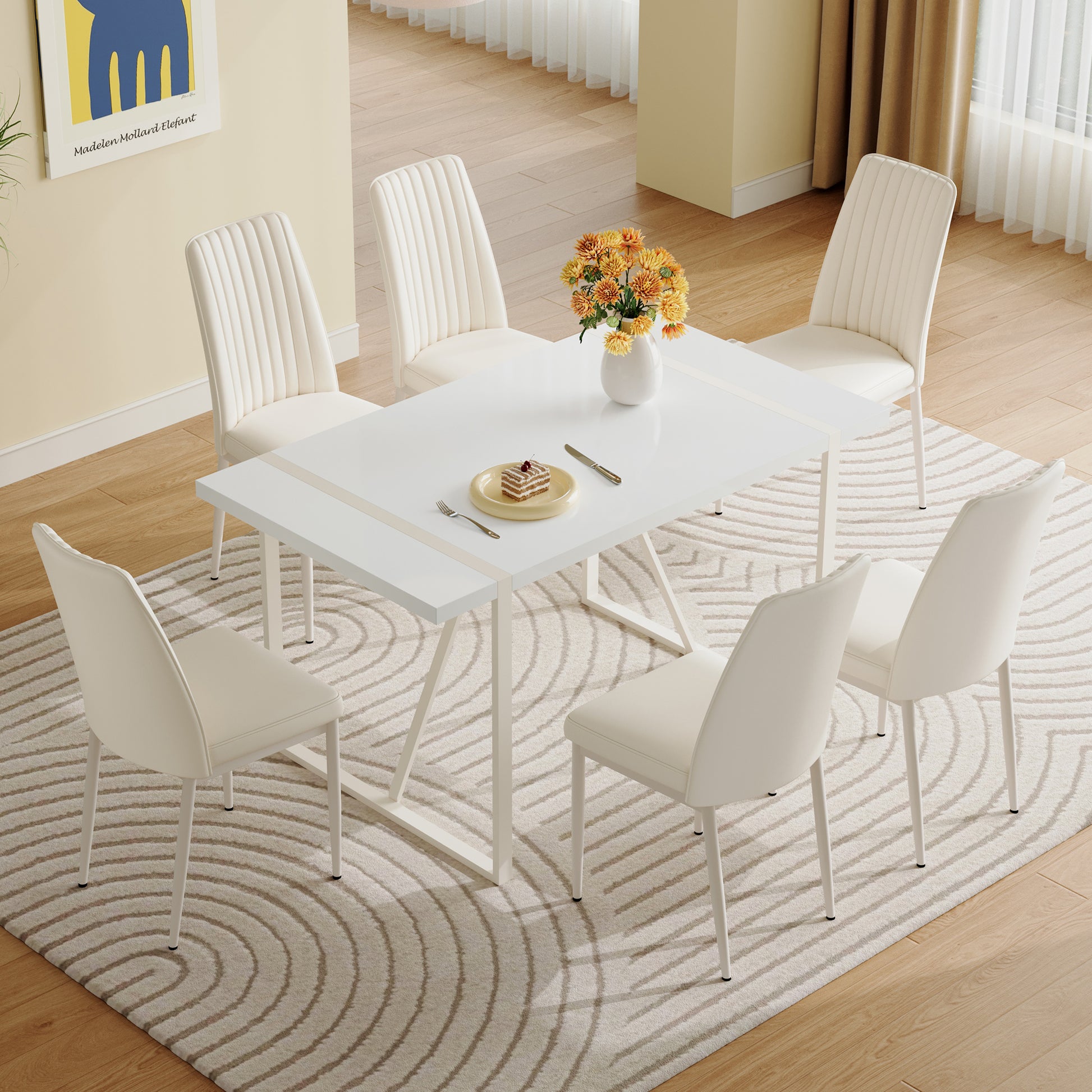 55"X31.5"Cream Style White Mdf Dining Table Set With 6 Armless Chairs.The Backrest Of The Dining Chair Is Designed With Multiple Vertical Stripes.Adding A Warm Atmosphere To Your Family. White Seats