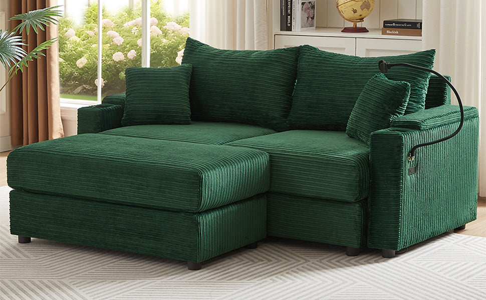 72.8" Modern Style Loveseat Sofa Sectional Sofa Couch With Storage Space, A Movable Ottoman, Two Usb Ports, Two Cup Holders, A Phone Holder For Living Room, Green Green Foam Corduroy 3 Seat