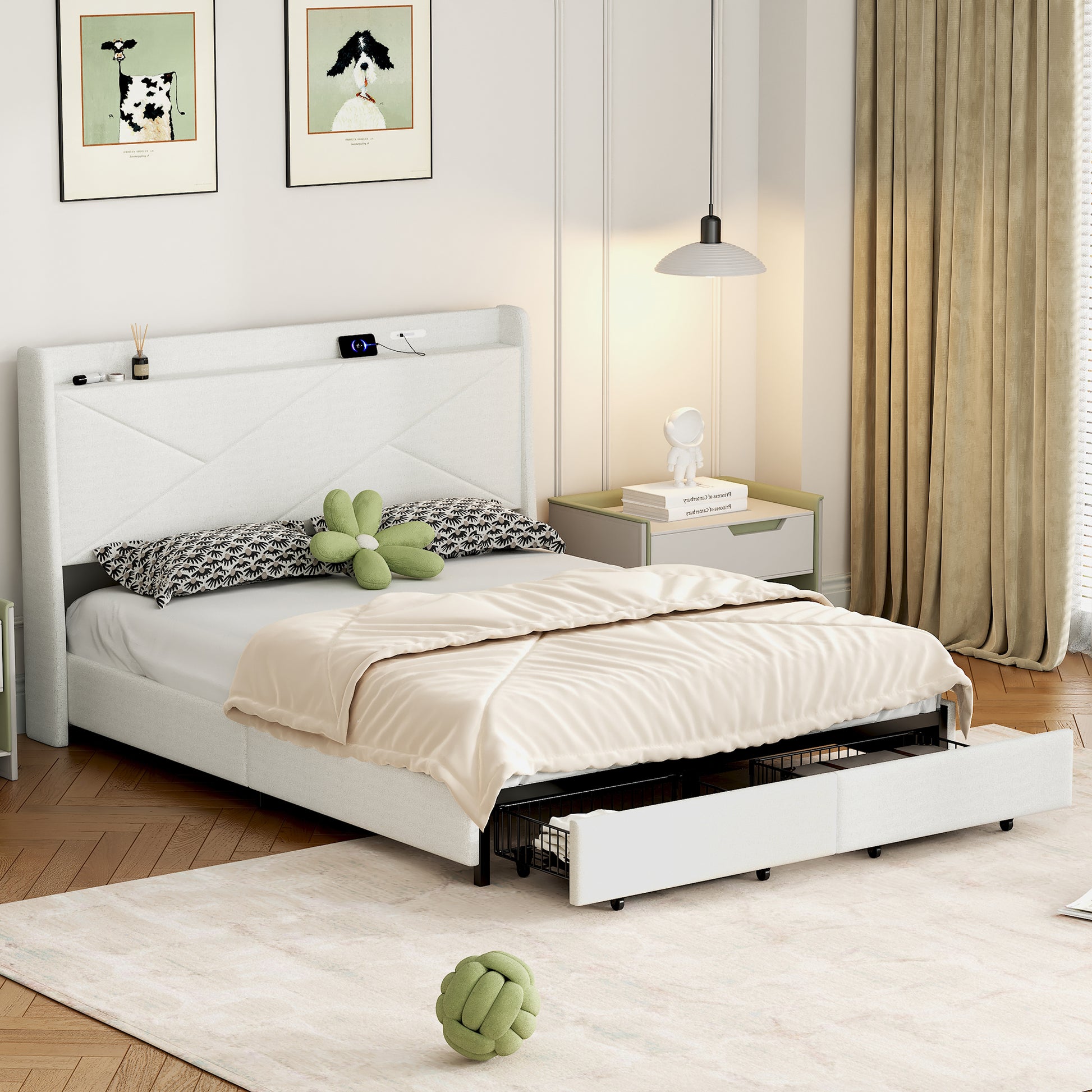 Queen Size Upholstery Platform Bed With Storage Headboard, Led, Usb Charging And 2 Drawers, Beige Queen Beige Upholstered