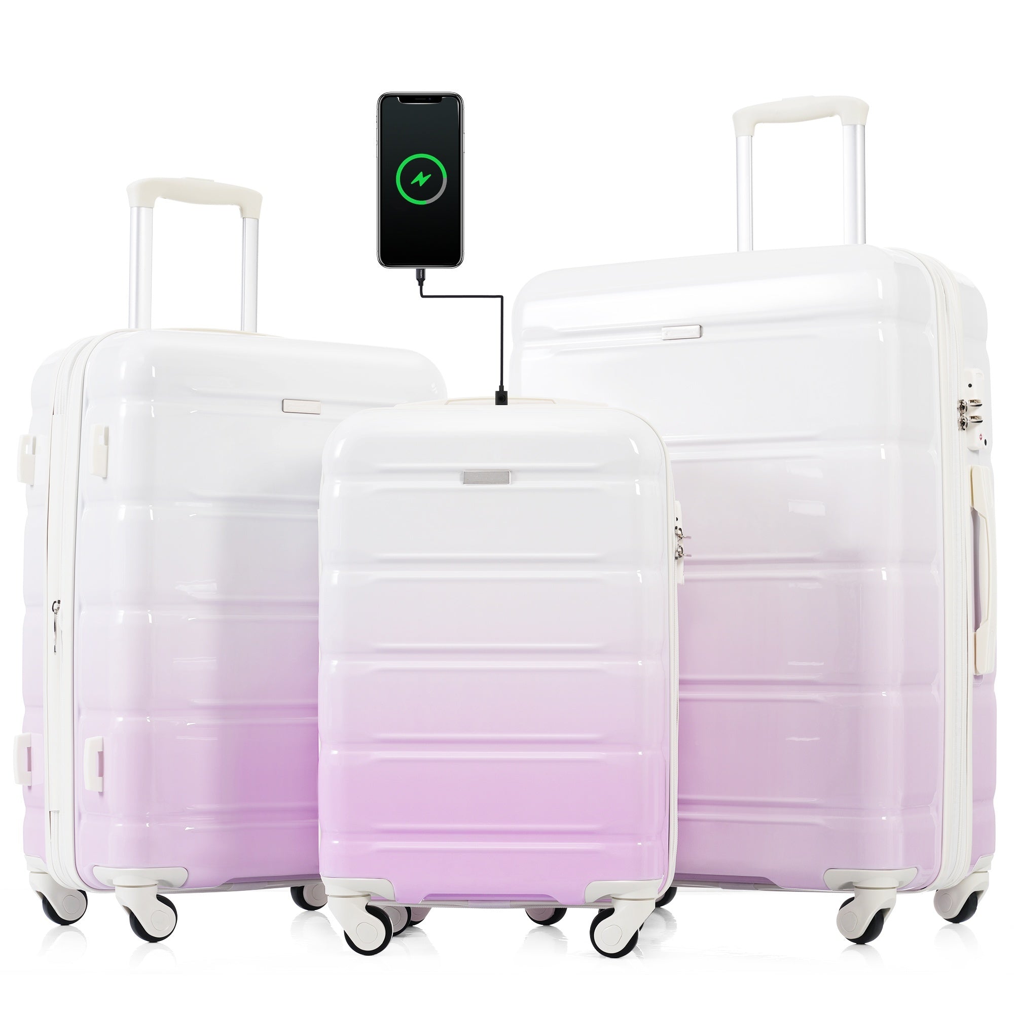 Luggage Set Of 3, 20 Inch With Usb Port, Airline Certified Carry On Luggage With Cup Holder, Abs Pc Hard Shell Luggage With Spinner Wheels, Purple, Products In Stock Mid May Purple Abs Pc