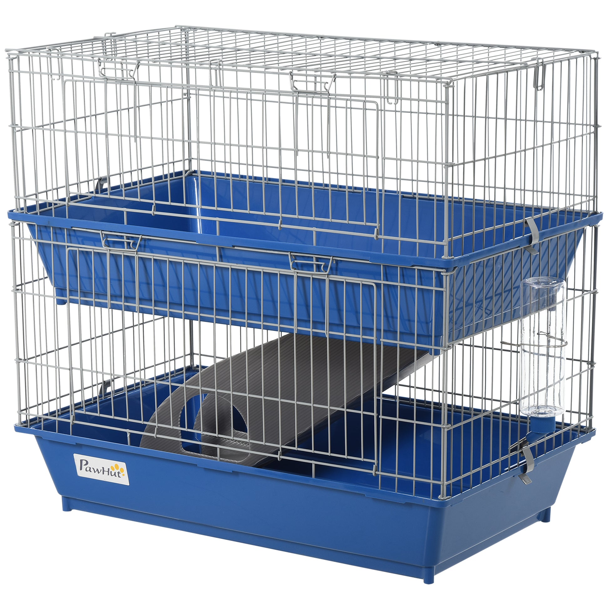 Pawhut 2 Tier Guinea Pig Cage, Ferret Cage, Chinchilla Cage, Small Animal Cage Indoor With Dish And Bottle, 2 Doors, Deep Bottoms, Ramp, 28", Blue Blue Iron Plastic