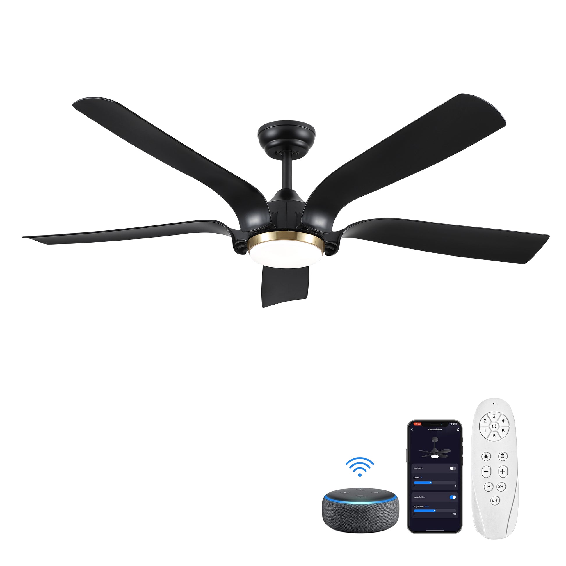 Smart 56" Integrated Led Ceiling Fan With Antique Brown Blades In Matte Black Fan Body Finish Black Abs