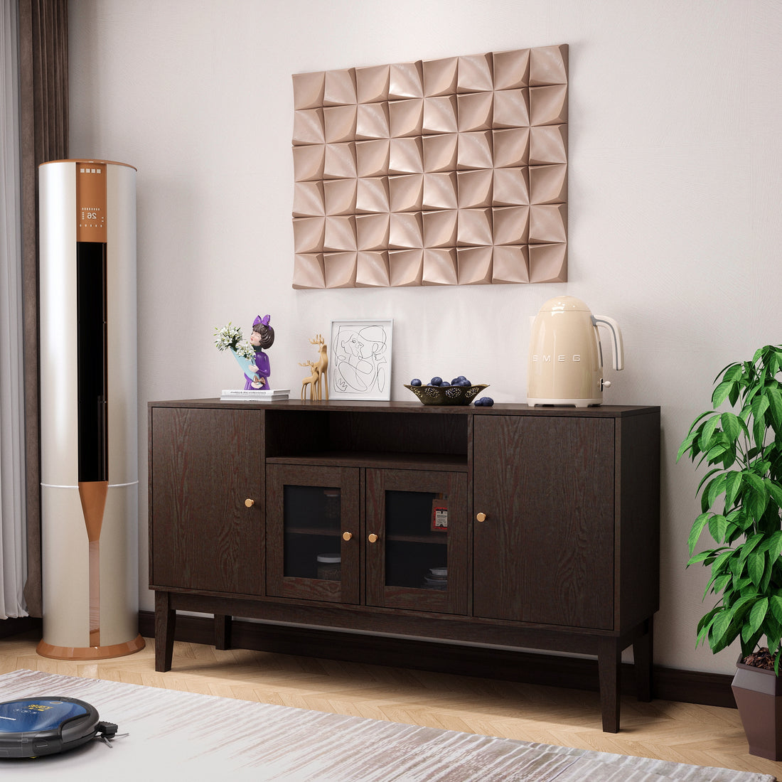 Sideboard Buffet Console Table, Media Cabinet With Adjustable Shelves Espresso Brown Dining Room Antique Adjustabel Shelves Mdf Glass