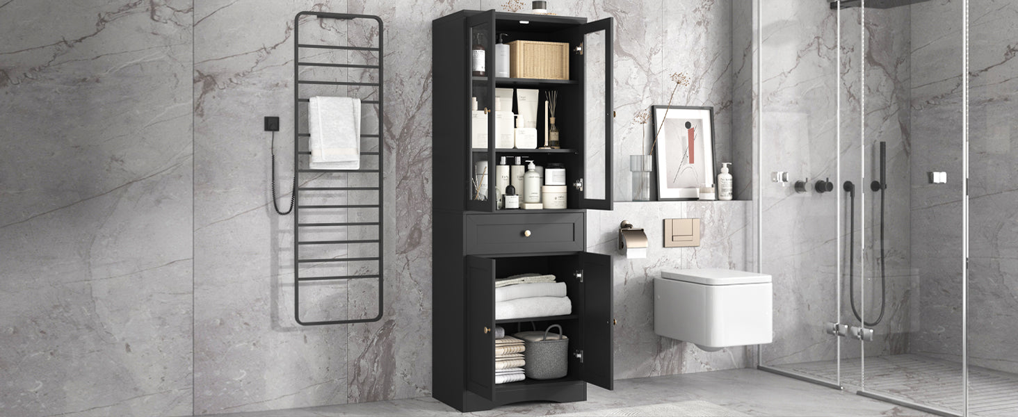 Tall Bathroom Storage Cabinet, Cabinet With Four Doors And Drawers, Adjustable Shelf, Mdf Board, Black Black Mdf