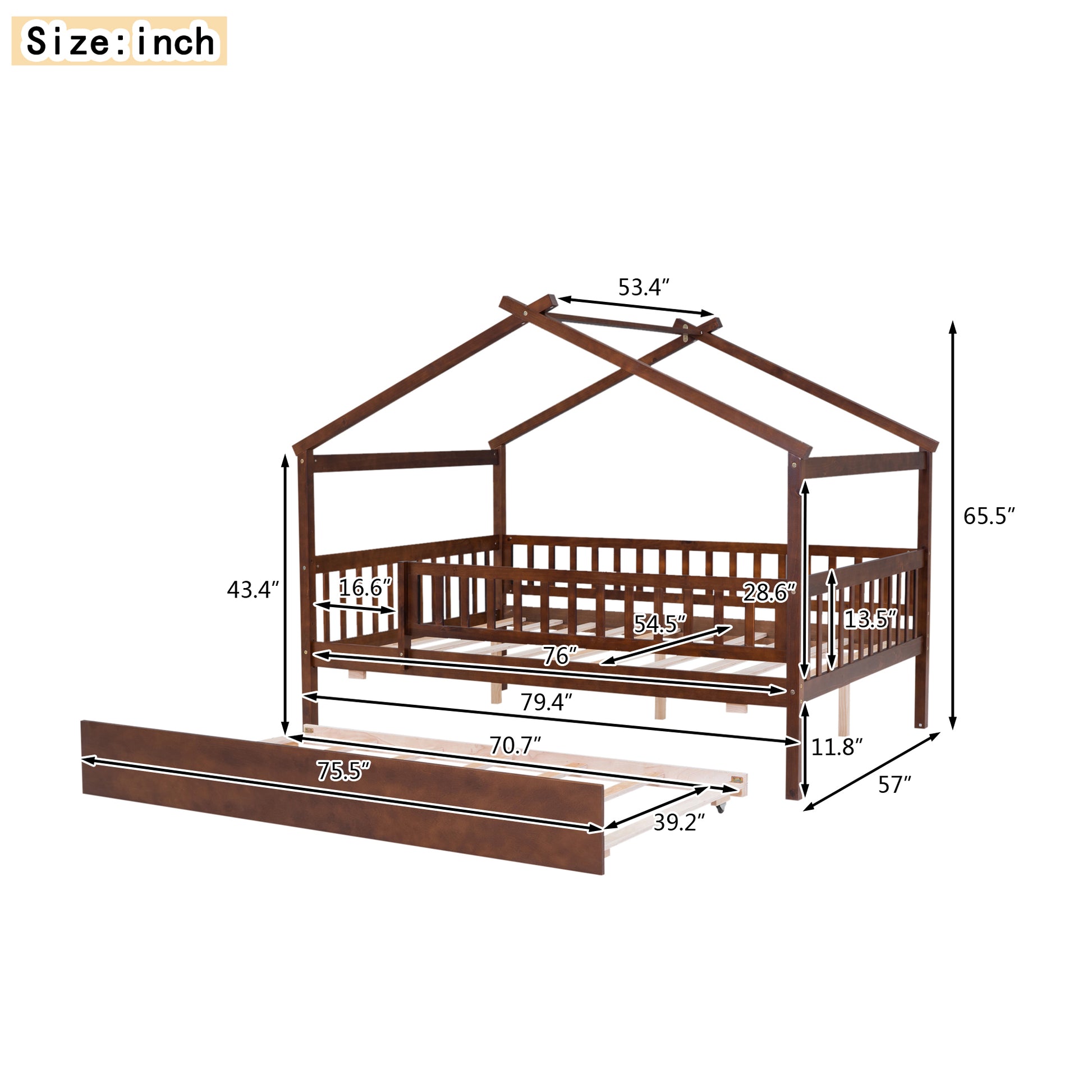 Full Size Wooden House Bed With Twin Size Trundle, Walnut Full Walnut Solid Wood Mdf