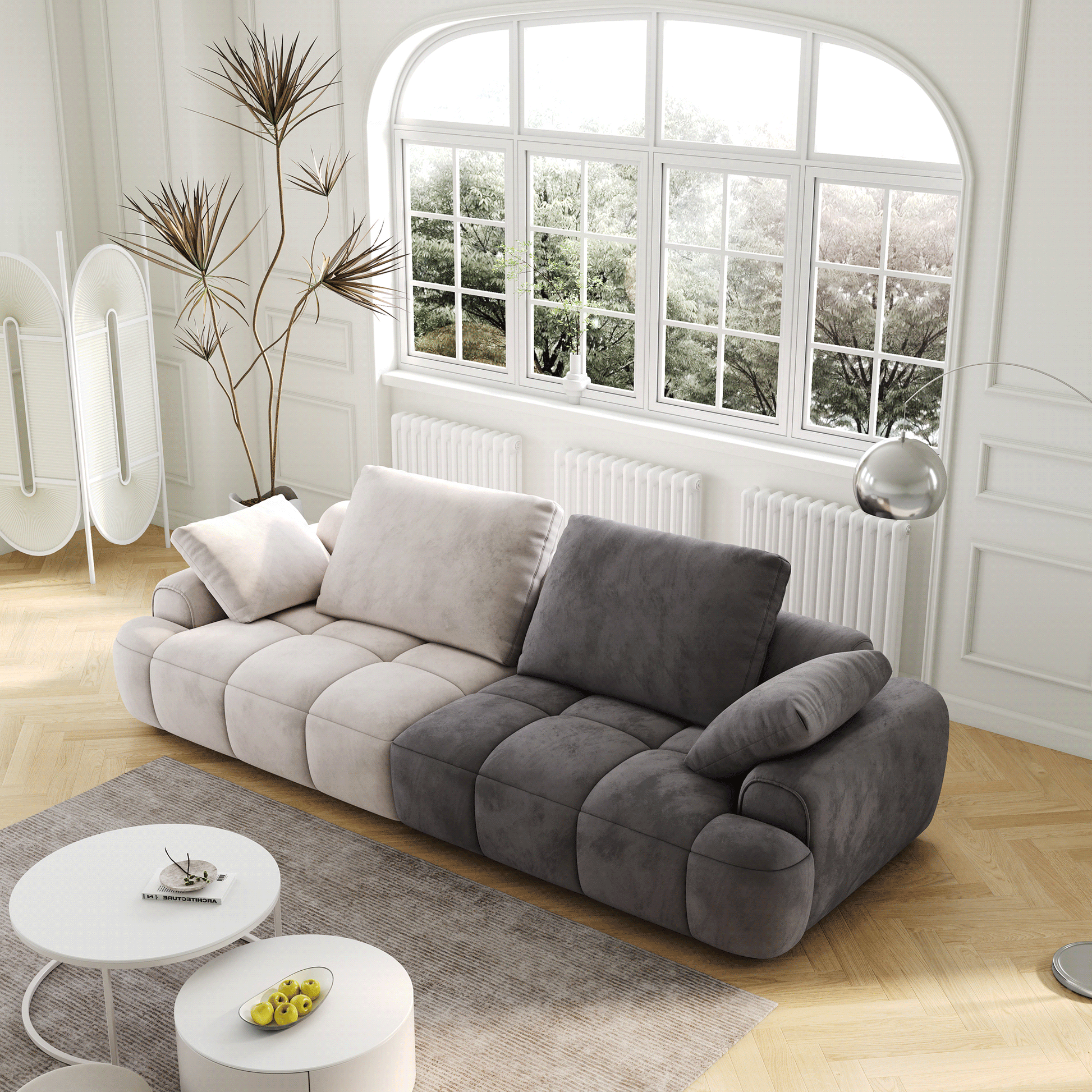 Large Size Two Seat Sofa,Modern Upholstered,Beige Paired With Gre