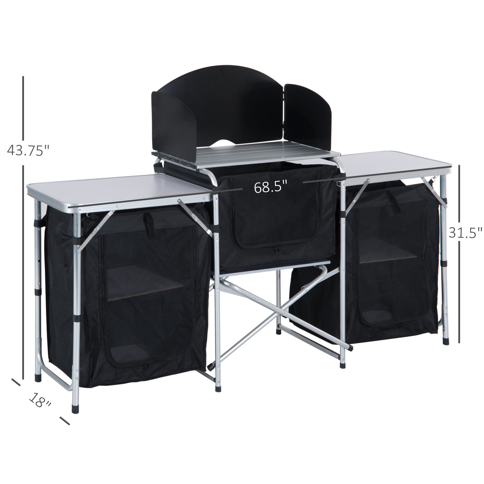 Outsunny Aluminum Portable Camping Kitchen Fold Up Cooking Table With Windscreen And 3 Enclosed Cupboards For Bbq, Party, Picnics, Backyards Colorful Aluminum