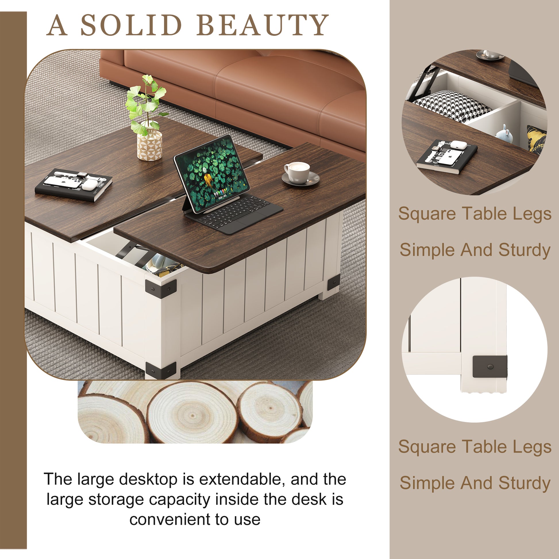 Farmhouse Lift Top Coffee Table With Storage, Wood Square Center Table With Charging Station&Usb Ports, Living Room Central Table 4 Grids Large Hidden Space, For Living Room, Bedroom, Home Office