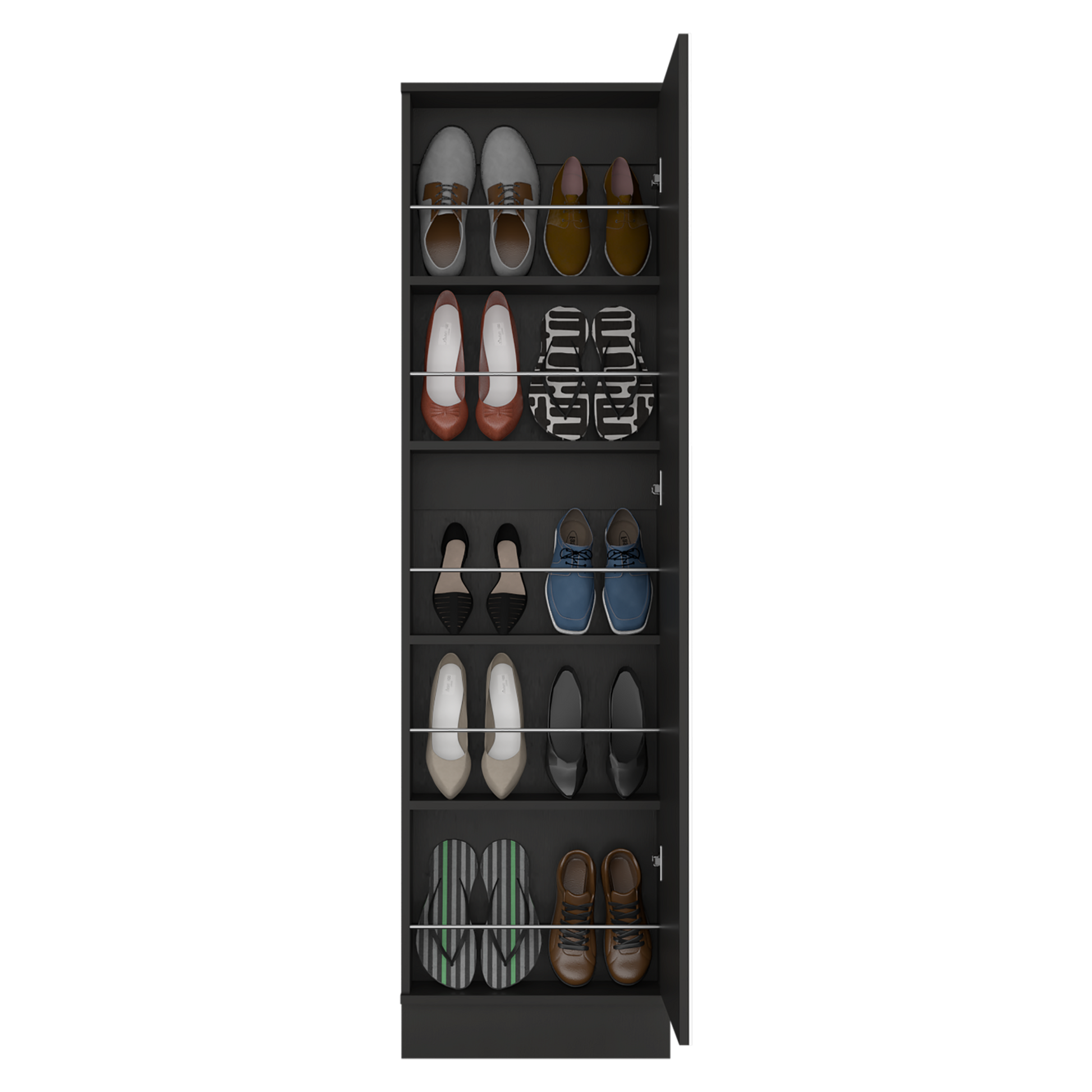 Shoe Rack 67" H, Five Internal Storage Shelves, A Mirror, A Door, Approximate Capacity Of 10 Pairs Of Shoes, Black Black Particle Board Particle Board