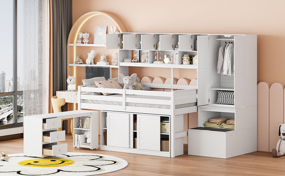 Full Size Wooden Loft Bed Big Storage With Under Bed Desk, With Drawers, With Shelves, White Full White Plywood