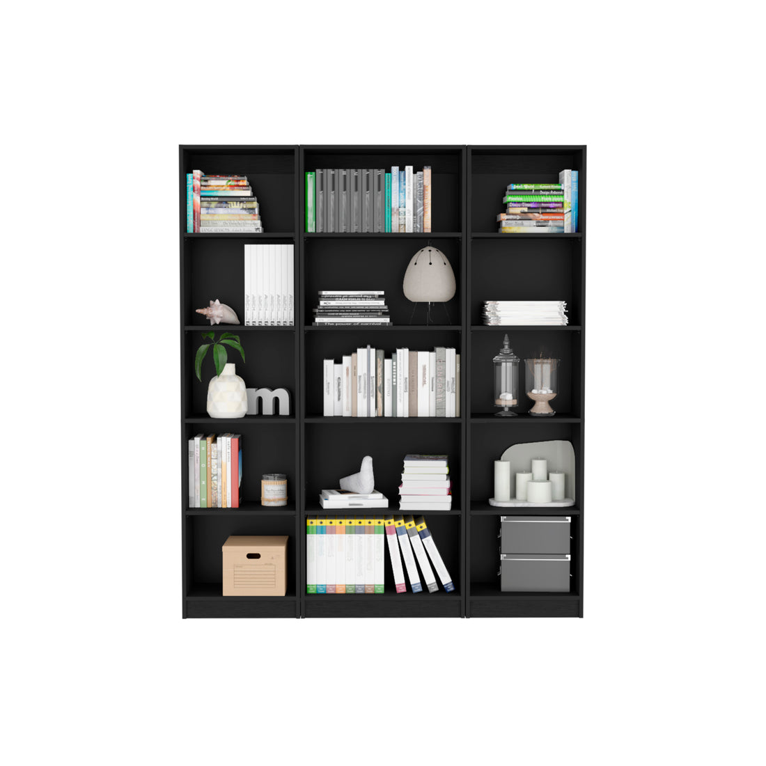 Bartow 3 Piece Home Bookcase Set, 60" Wide With 15 Shelvesliving Room Set Set Black Freestanding 5 Or More Shelves Black Office Open Storage Space Particle Board