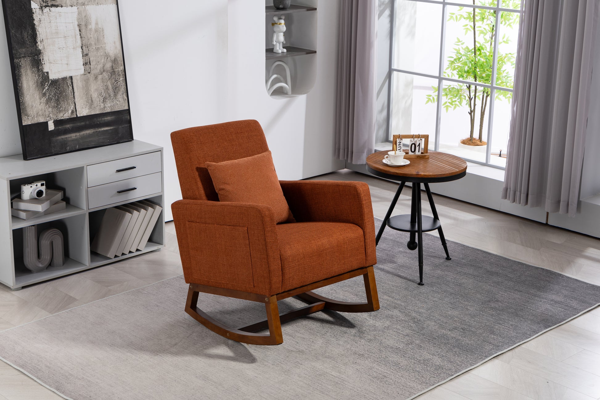 Mid Century Modern Accent Chair With Wood Frame, Upholstered Living Room Chairs With Waist Cushion, Reading Armchair For Bedroom Sunroom Brown Linen