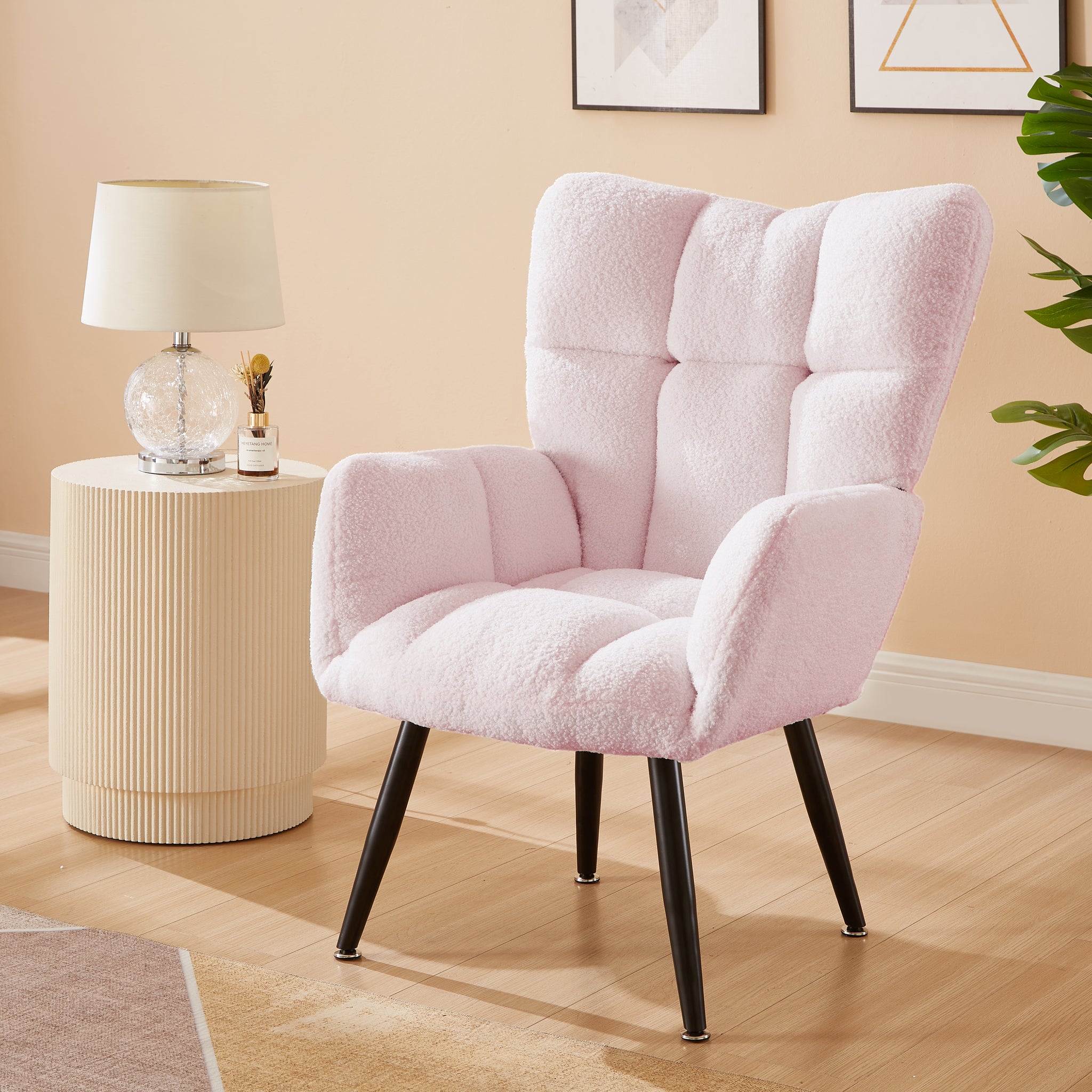 Modern Single Sofa Armchair With High Backrest Comfy Reading Chair For Small Spaces Living Room Bedroom Apartment Color:Pink Pink Teddy