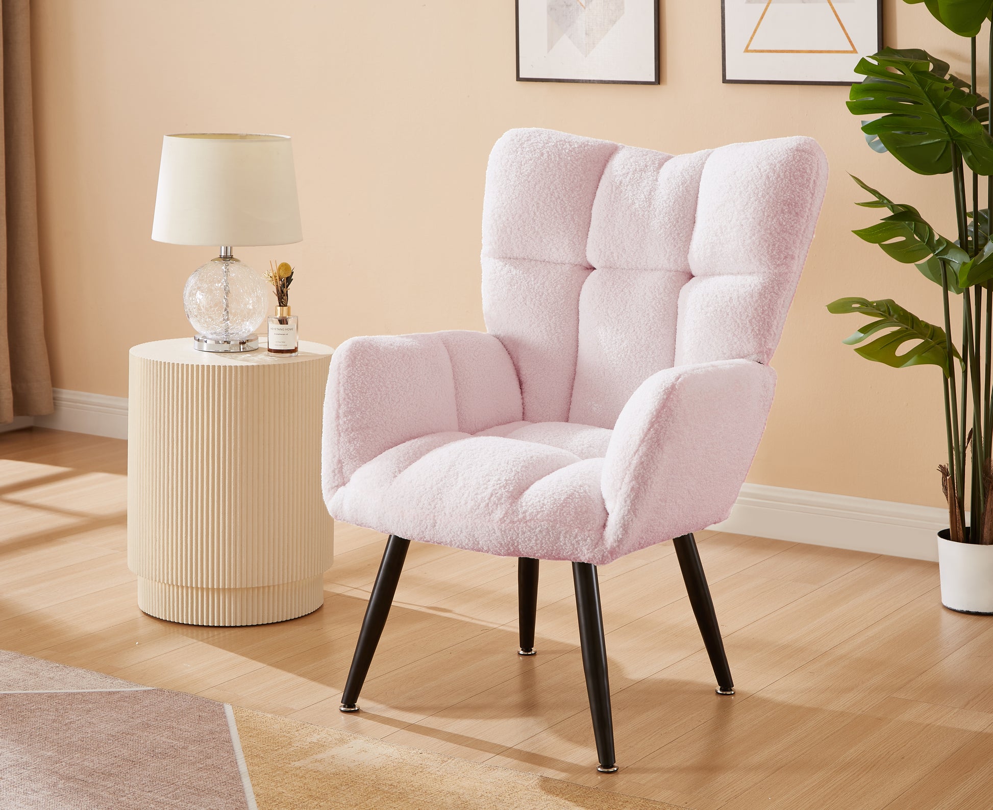 Modern Single Sofa Armchair With High Backrest Comfy Reading Chair For Small Spaces Living Room Bedroom Apartment Color:Pink Pink Teddy