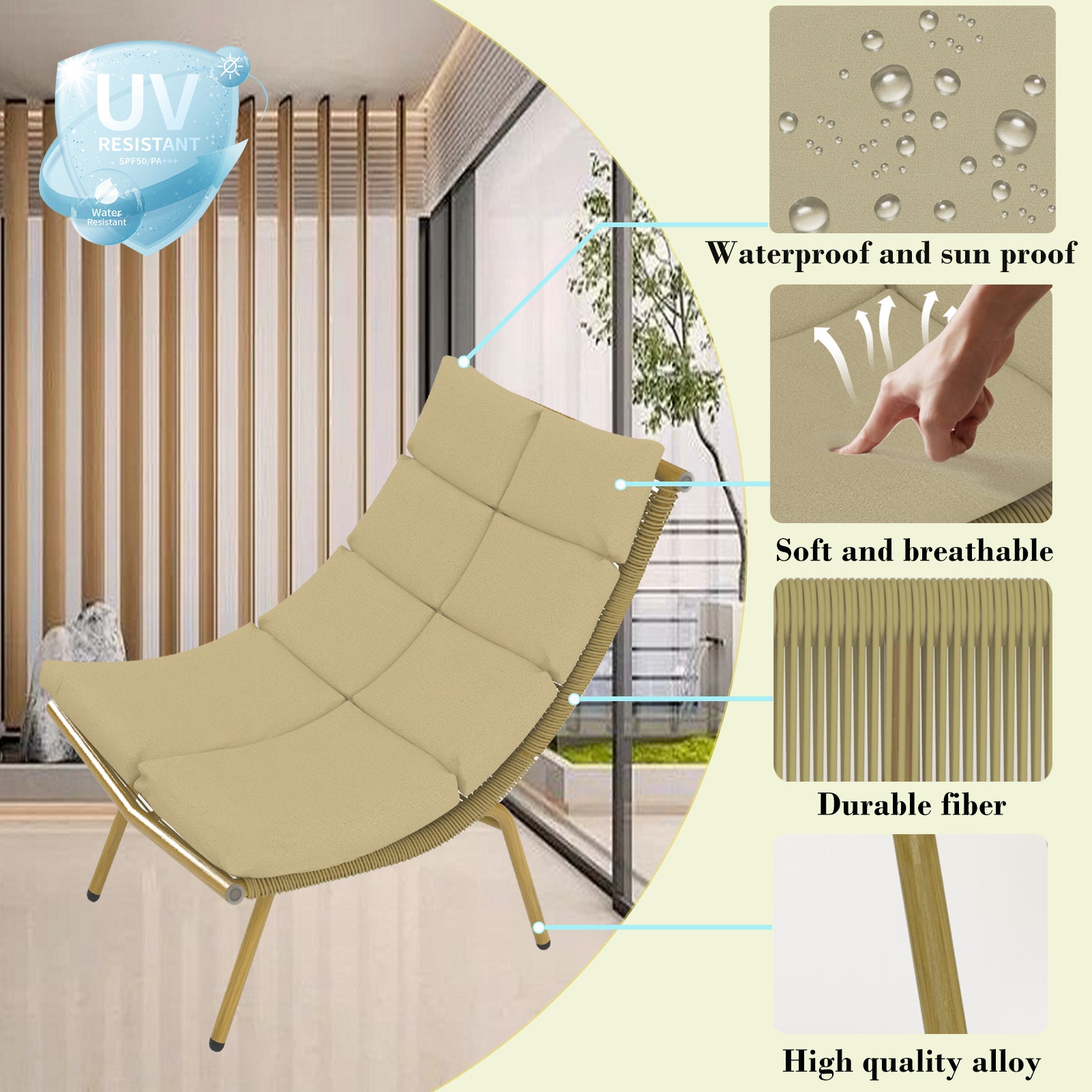 Chaise Lounge Chair With Table For Outdoor Indoor Wood Color Alloy Frame 380Lbs Capacity With Cushion Recliner For Camping Gaming Lunch Break Garden Party Sunbathing Gold Brown Rattan Metal