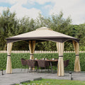 Outsunny 10' X 12' Outdoor Gazebo With Netting And Curtains, Patio Gazebo Canopy With 2 Tier Soft Top Roof And Steel Frame For Lawn, Garden, Backyard And Deck Beige Brown Steel