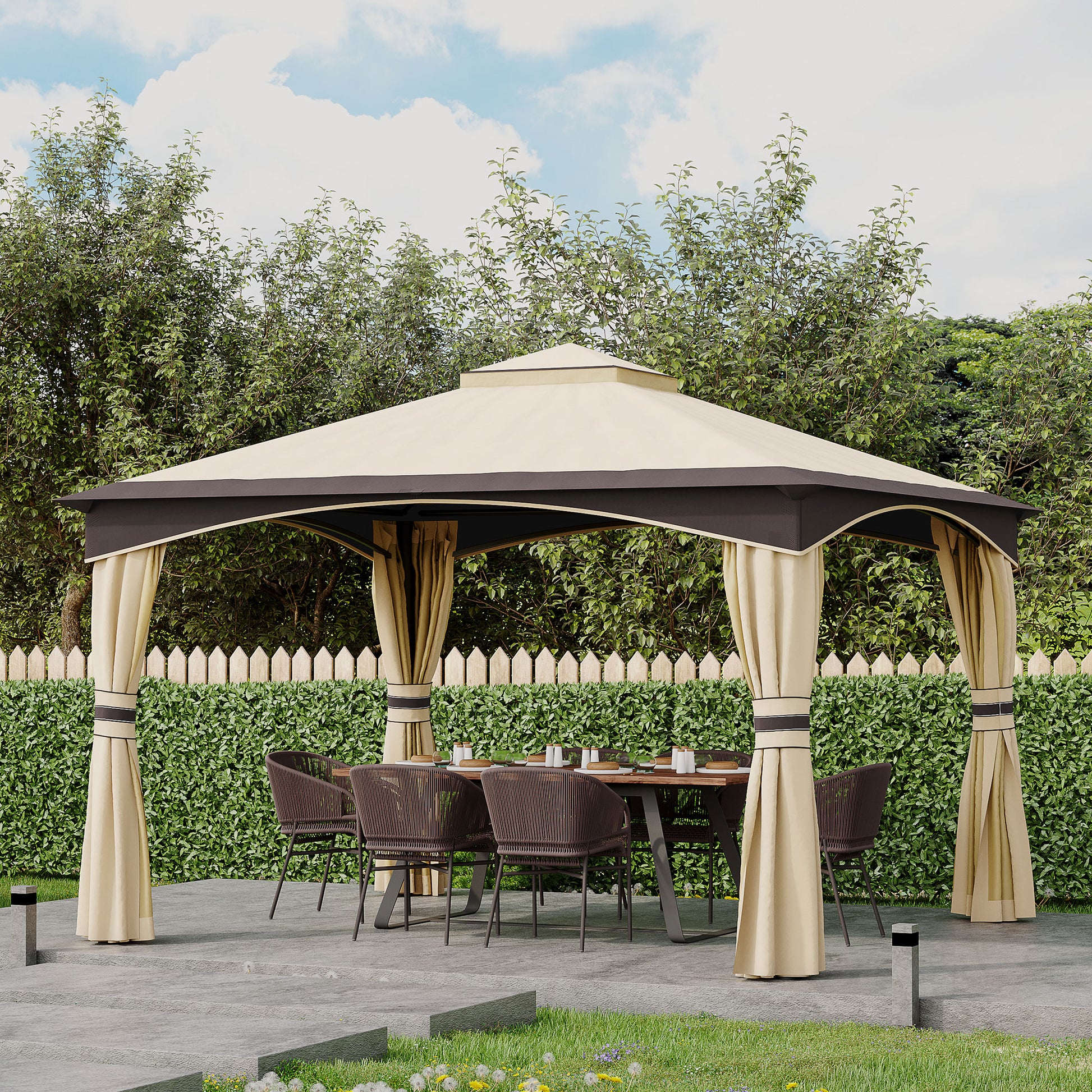 Outsunny 10' X 12' Outdoor Gazebo With Netting And Curtains, Patio Gazebo Canopy With 2 Tier Soft Top Roof And Steel Frame For Lawn, Garden, Backyard And Deck Beige Brown Steel