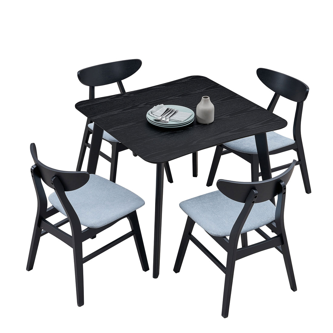 1 Table With 4 Chairs Wooden Dining Table Set, Modern Simple Design Square Kitchen Table And Fabric Upholstered Dining Chairs For Dining Room, Kitchen, Saving Space,Black Black Solid Wood Mdf