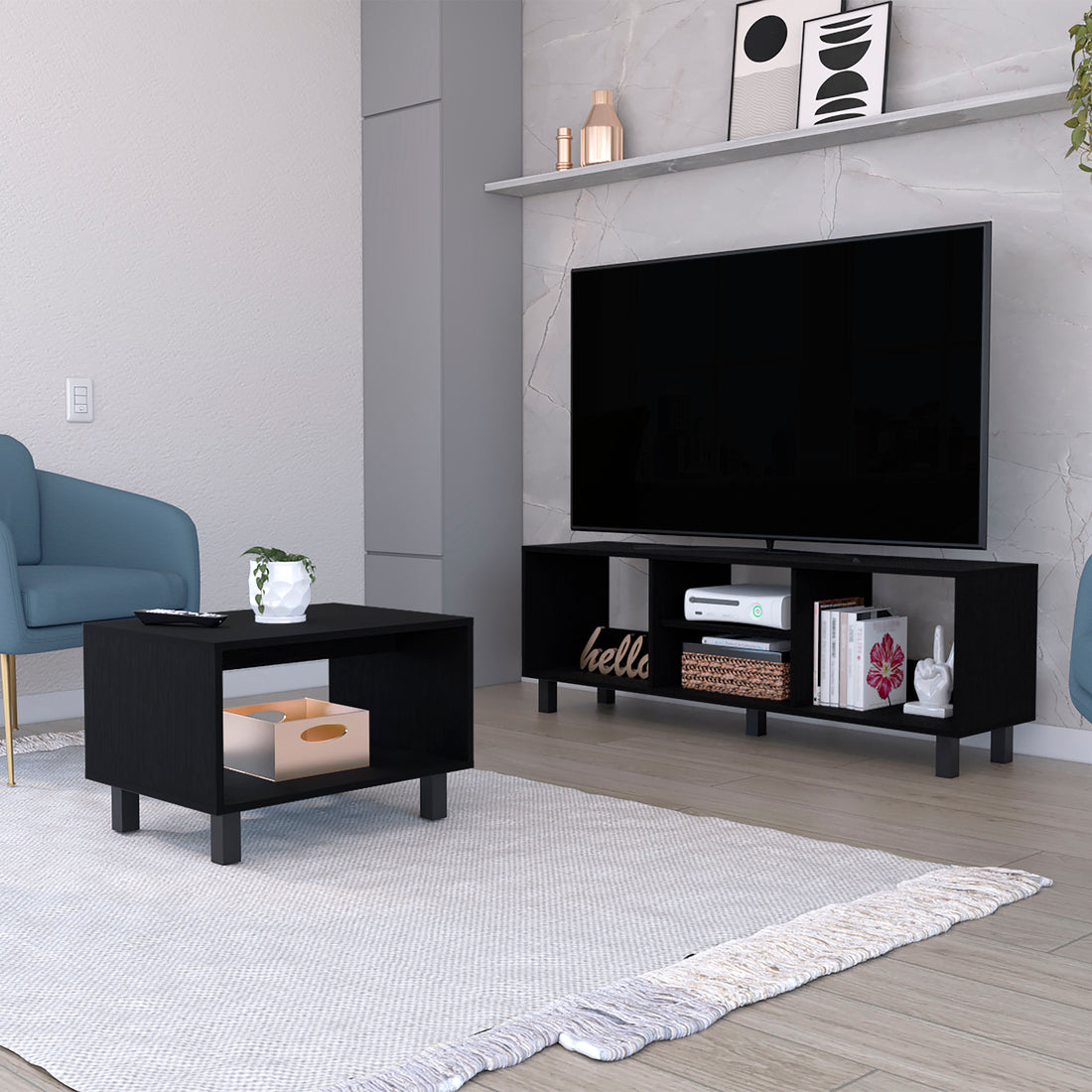 Hoven 2 Piece Living Room Set With Tv Rack And Coffee Table Black Primary Living Space 90 Inches Or Larger 90 Inches Or Larger Contemporary Pine 85 Inches Particle Board Engineered Wood