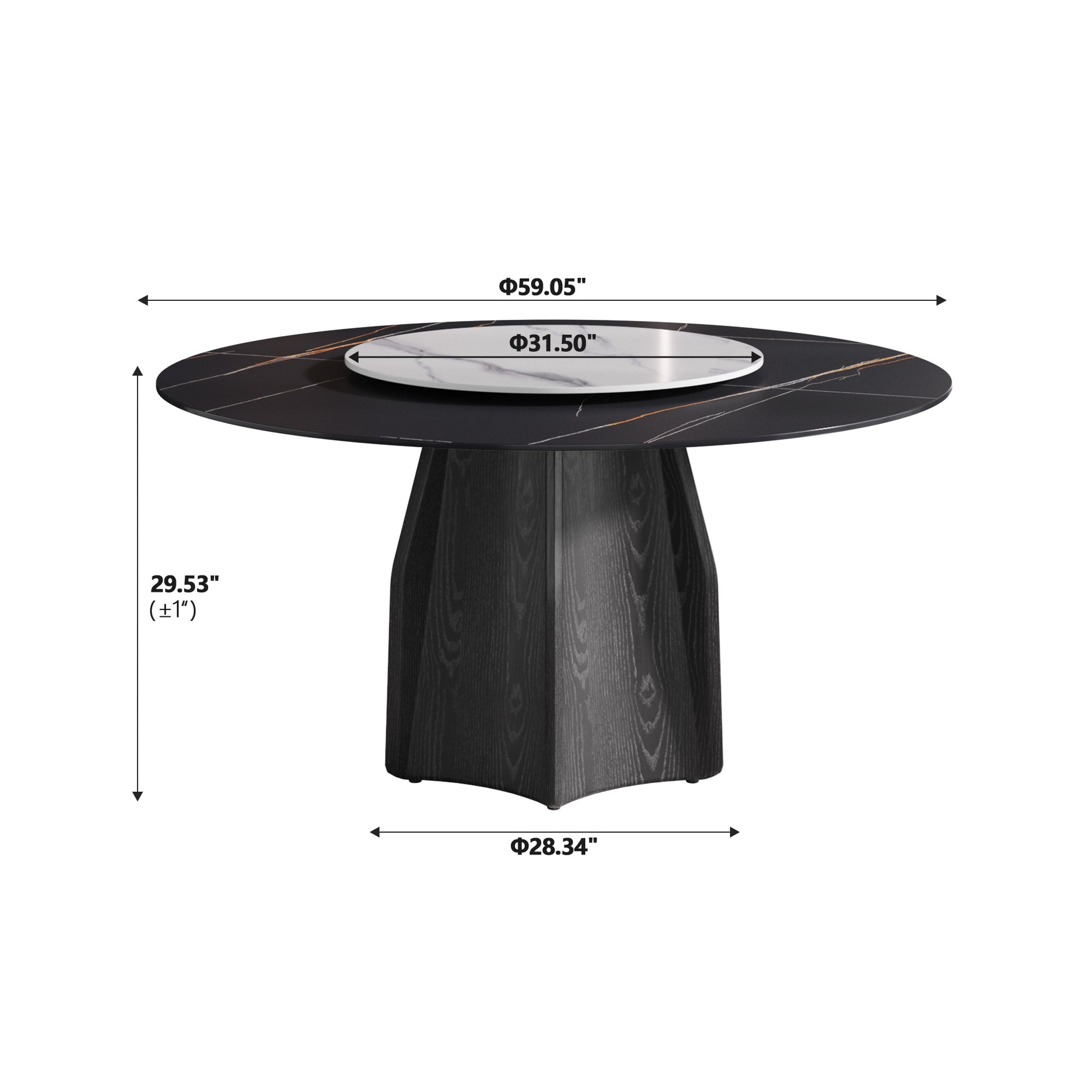 59.05" Round Marble Dining Table With Black Textured Solid Wood Base, Artificial Marble For 6 8 People, 31.5"White Artificial Stone Turntable,White&Black Dining Table Only Black,White Dining Room