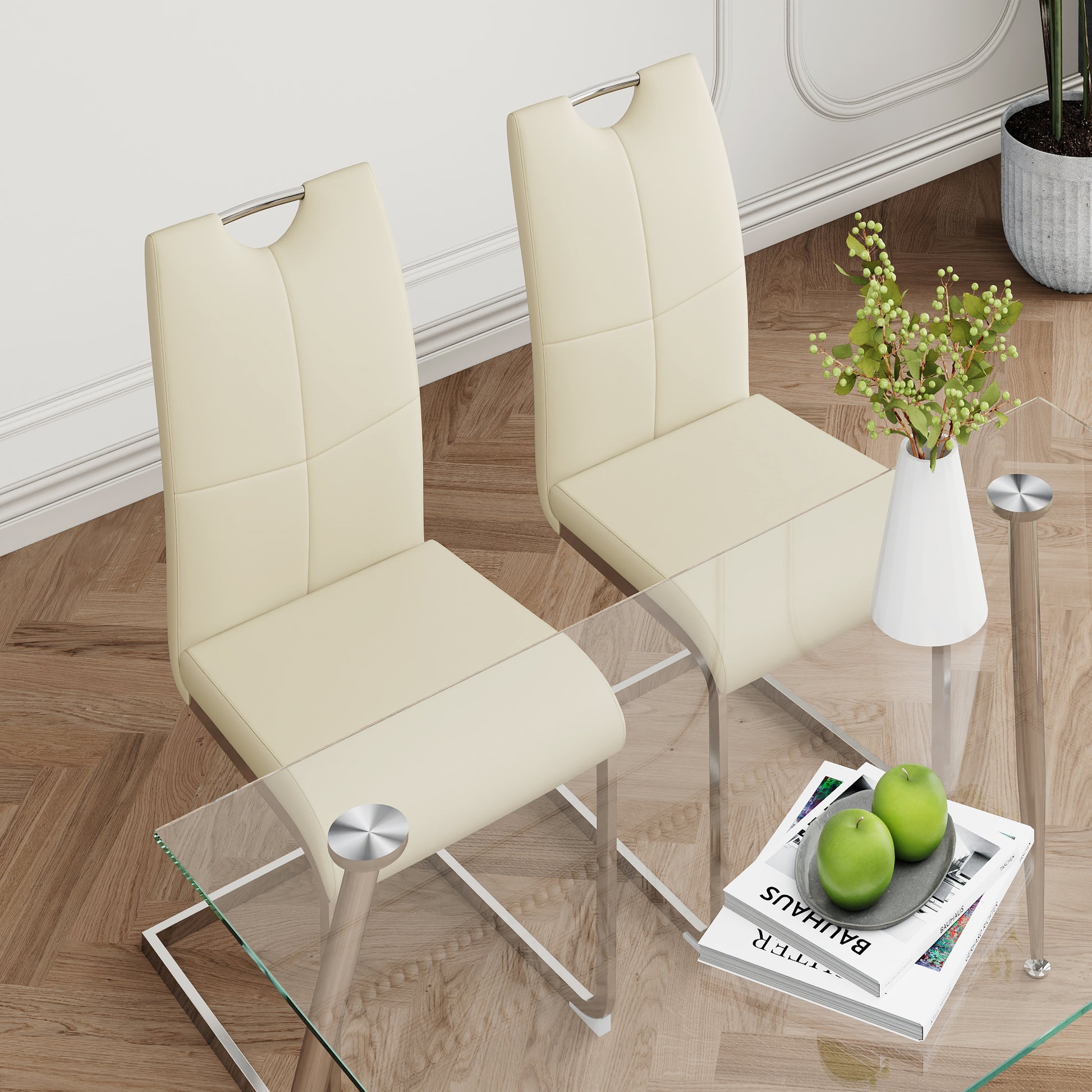 Modern Simple Rectangular Glass Dining Table, Solid Tempered Glass Tabletop, Electroplated Table Legs, Light Yellow Pu Dining Chair Set, Suitable For Restaurant Kitchen Use Set Of 5 Upholstered Chair Glass Light Yellow Seats 4 Metal Rectangular Dining