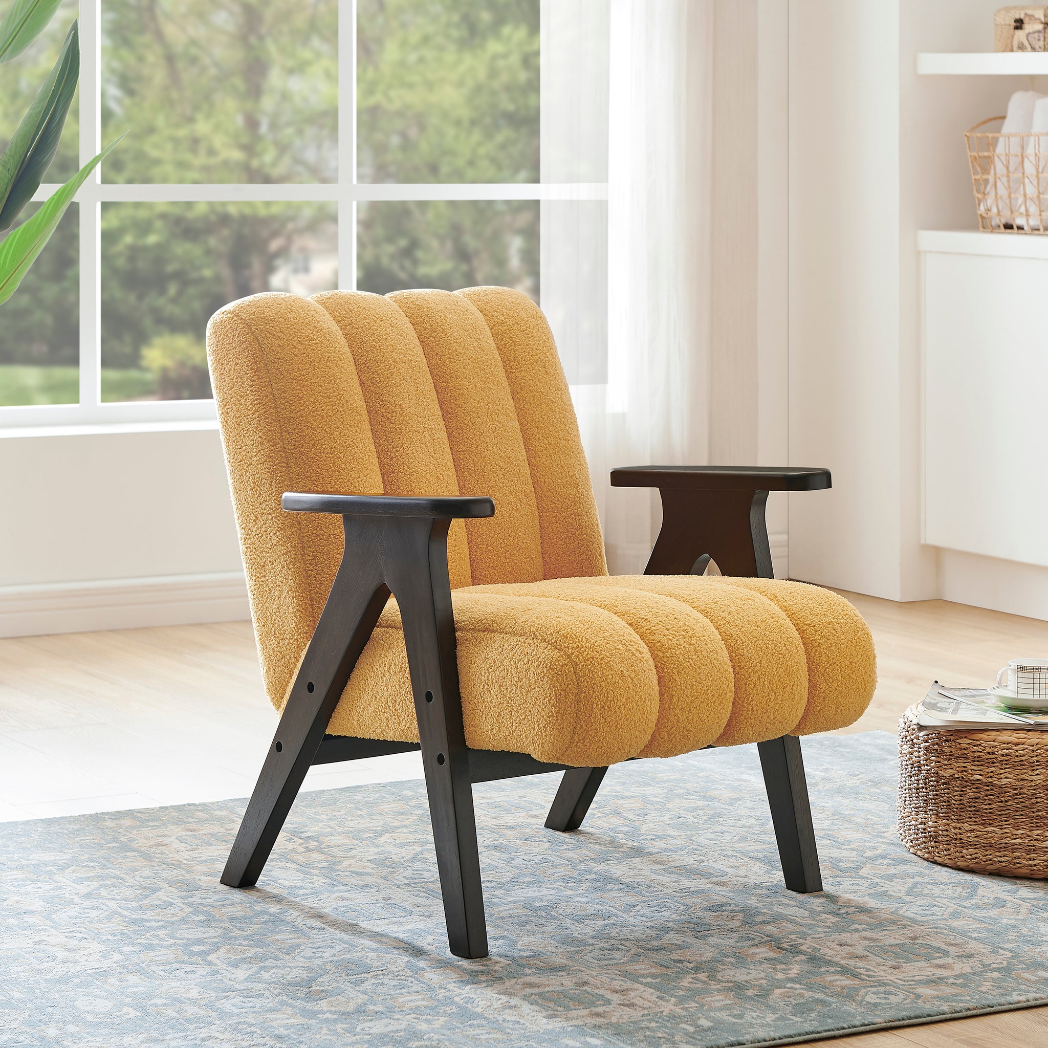 Rella Modern Teddy Sherpa Accent Chair With Espresso Wood Frame Yellow Espresso Primary Living Space Contemporary,Modern Rubberwood Upholstered Upholstered,Wood