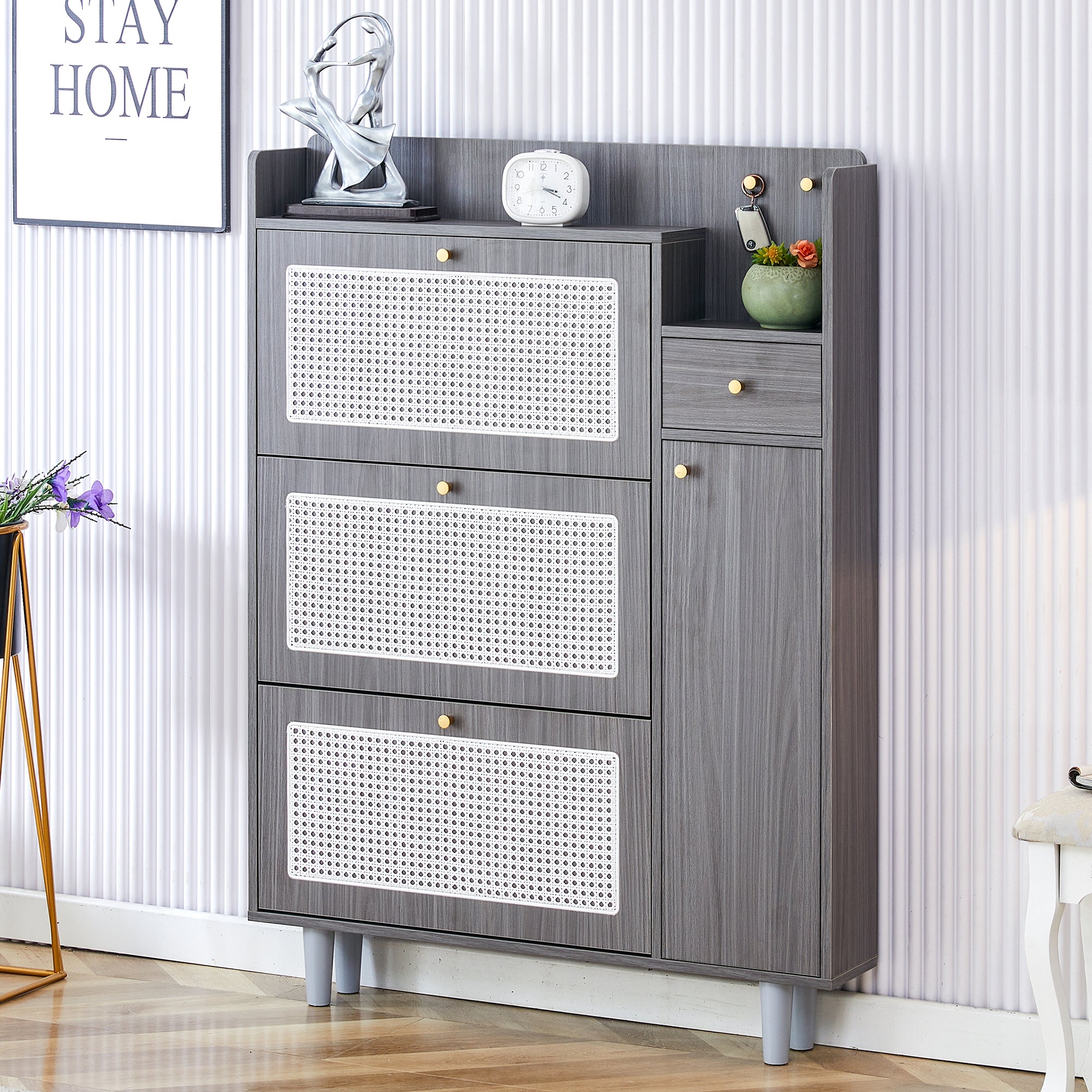 Modern Minimalist Storage Cabinet, Japanese Rattan Shoe Cabinet, Bed Top Cabinet, Small Home Furniture. Suitable For Corridors And Living Rooms. Gz Di 03 Gray Mdf