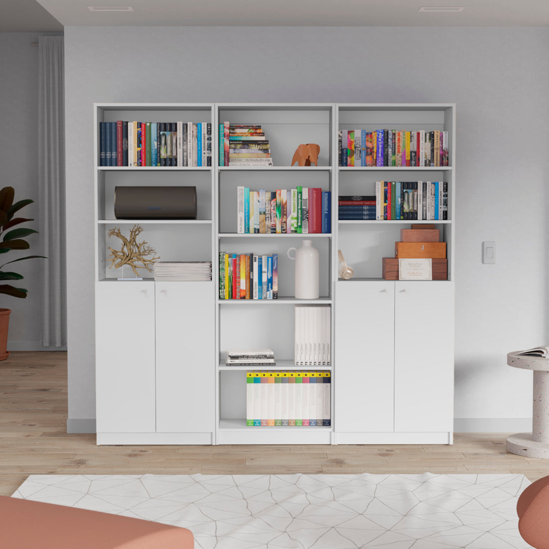 Arbor 3 Piece Home Bookcase Set, 74" Wide With 11 Shelves And Two Double Door Cabinetliving Room Set White Freestanding 5 Or More Shelves White Office Open Storage Space Particle Board