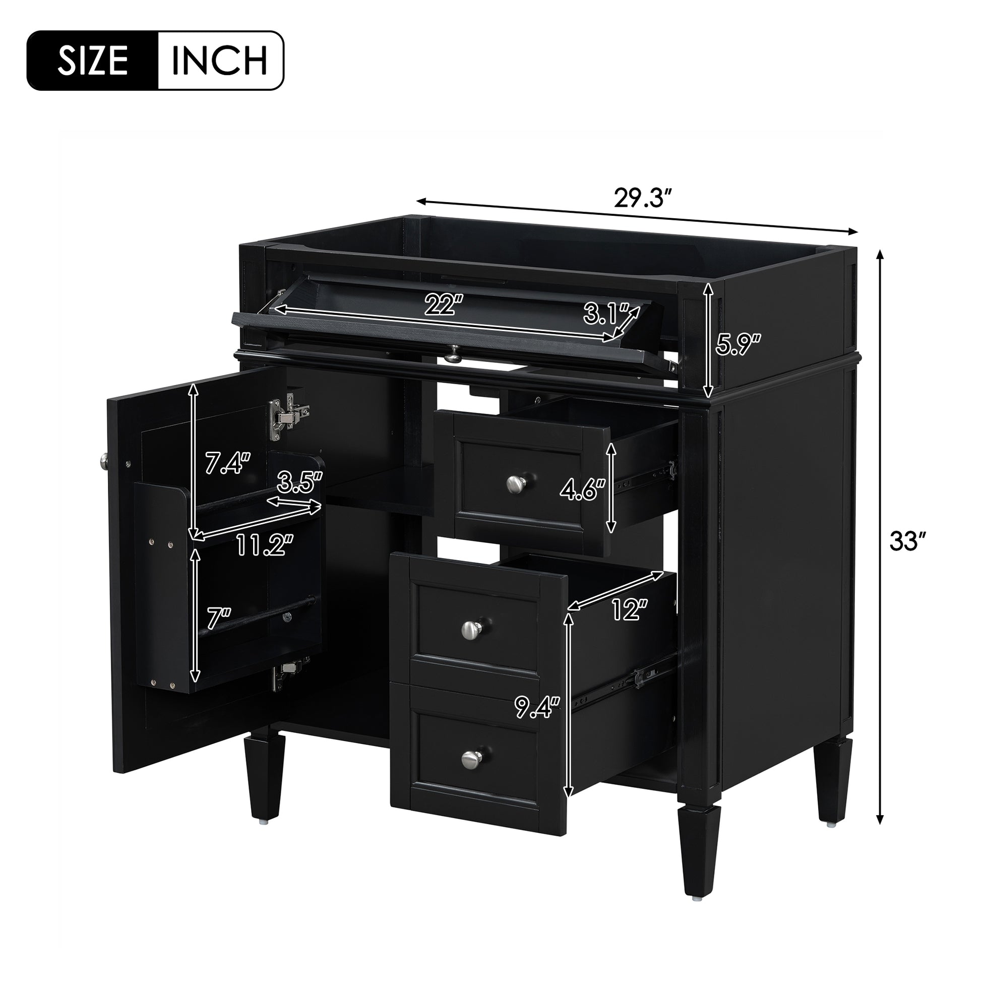 30'' Bathroom Vanity Without Top Sink, Modern Bathroom Storage Cabinet With 2 Drawers And A Tip Out Drawer Not Include Basin Black Bathroom Solid Wood Mdf
