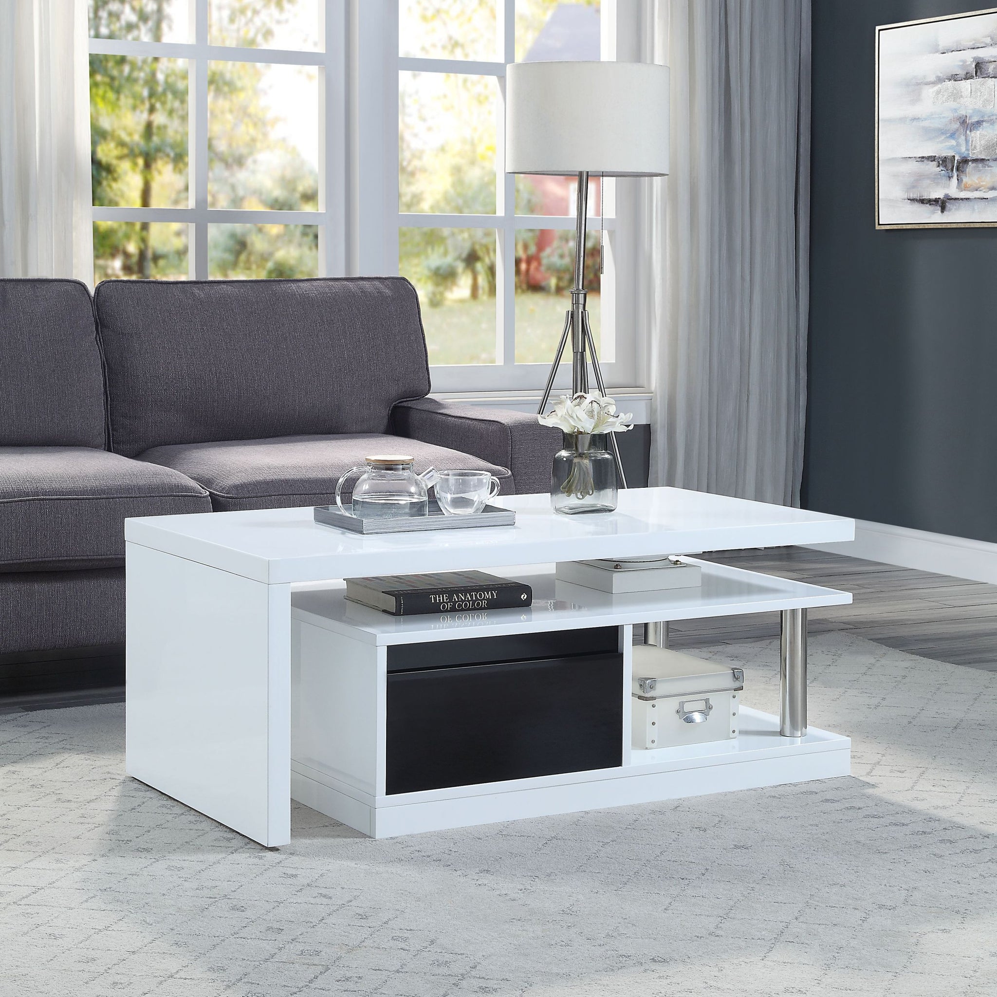 White And Black High Gloss Coffee Table With Swivel Top White Black Primary Living Space Contemporary Drawers Rectangular Wood Metal