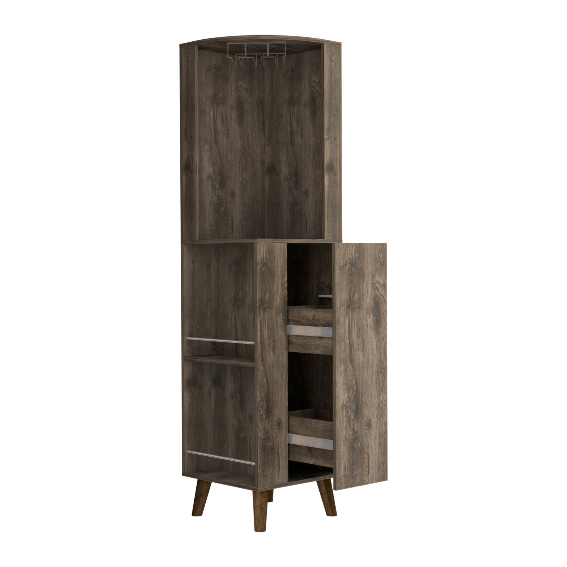 Corner Bar Cabinet, Two External Shelves, One Drawer, Two Interior Shelves, Dark Brown Dark Brown Solid Wood Mdf Engineered Wood