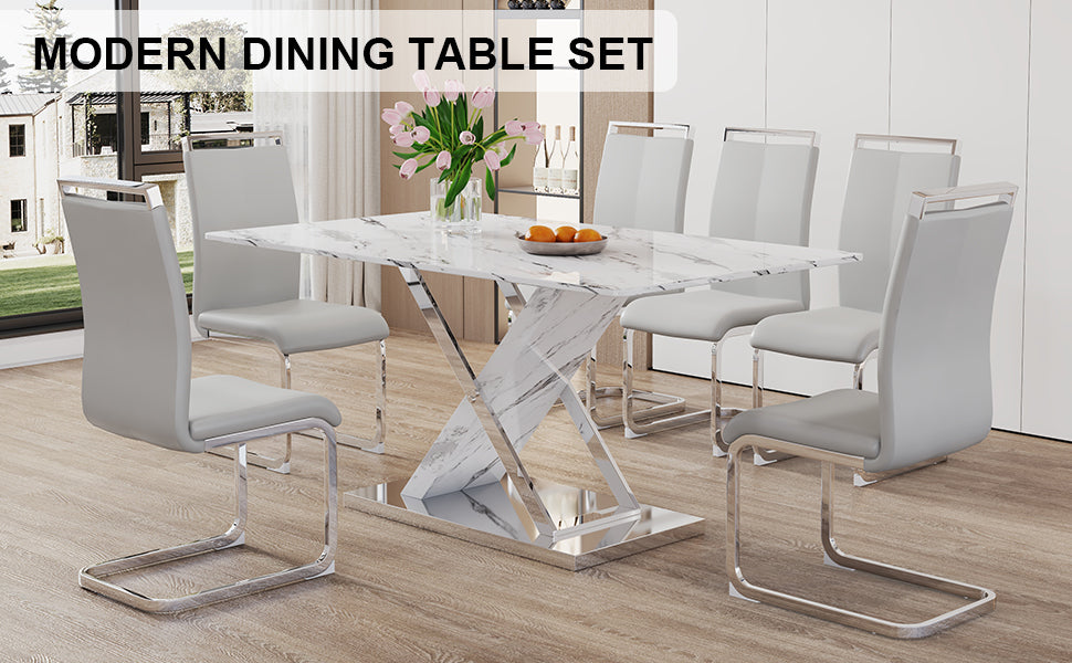 Table And Chair Set, Modern Dining Table, Imitation Marble White Top And Silver Legs, Soft And Comfortable Dining Chair, Perfect For Dinner, Meetings, Home And Office Decor Grey Silver Glass Metal