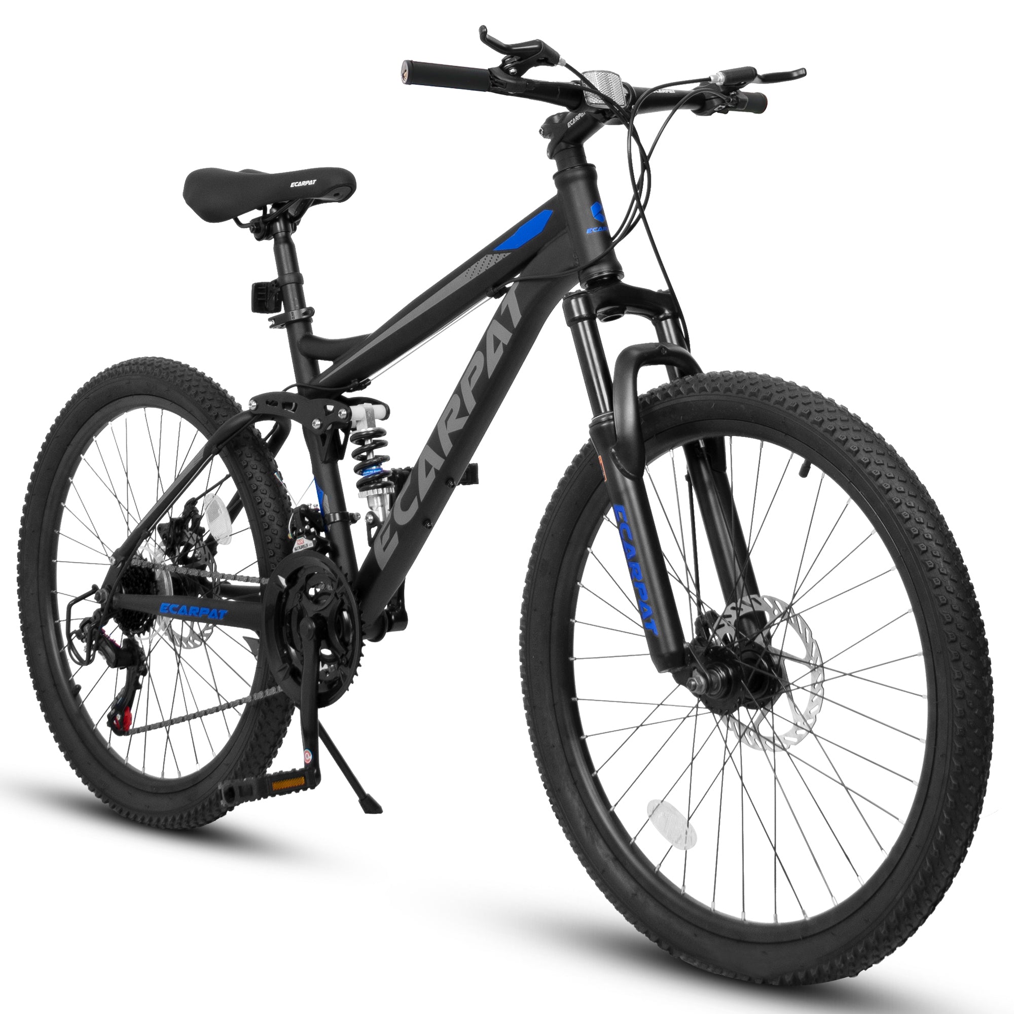 Ecarpat Mountain Bike 27 Inch Wheels, 21 Speed Full Suspension Mens Womens Trail Commuter City Mountain Bike, High Carbon Steel Frame Disc Brakes Grip Shifter Front Fork Rear Shock Absorber Bicycles Cycling Black Without Durable Garden & Outdoor Classic