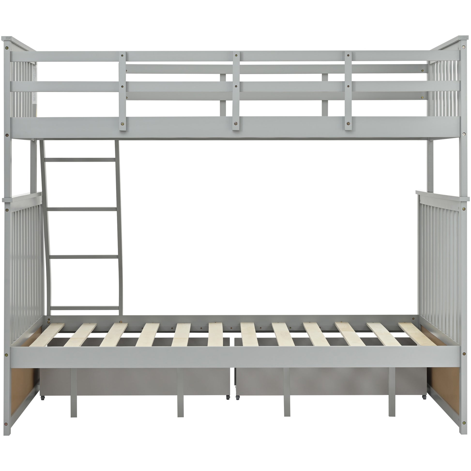 Twin Over Full Bunk Bed With Storage Drawers, Wooden Bunk Bed With Ladder And Safety Guard Rails Gray Full Gray Wood