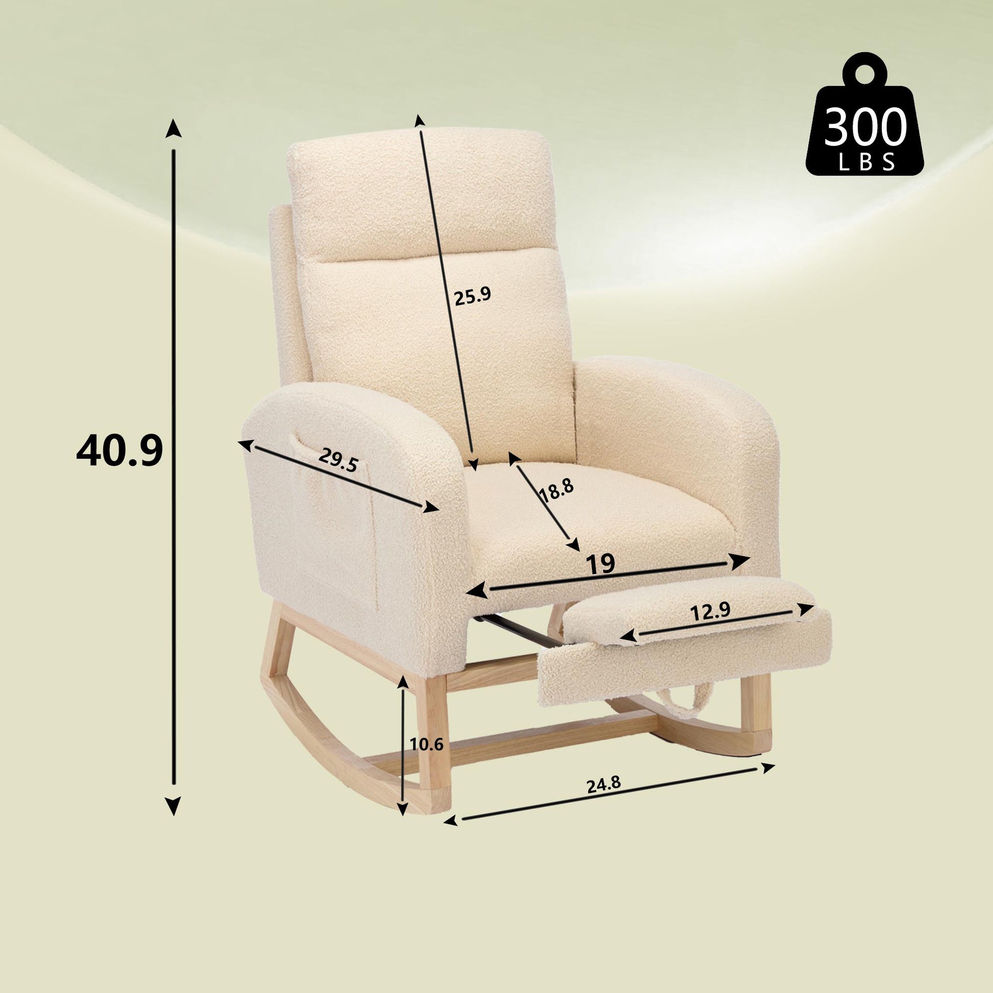 Modern Accent Rocking Chair Rocking Chair With Solid Wood Legs, Upholstered Nursery Glider Rocker, Comfy Armchair With Side Pocket, Living Room Lounge Arm Chair With High Backrest Teddy Beige Rubber