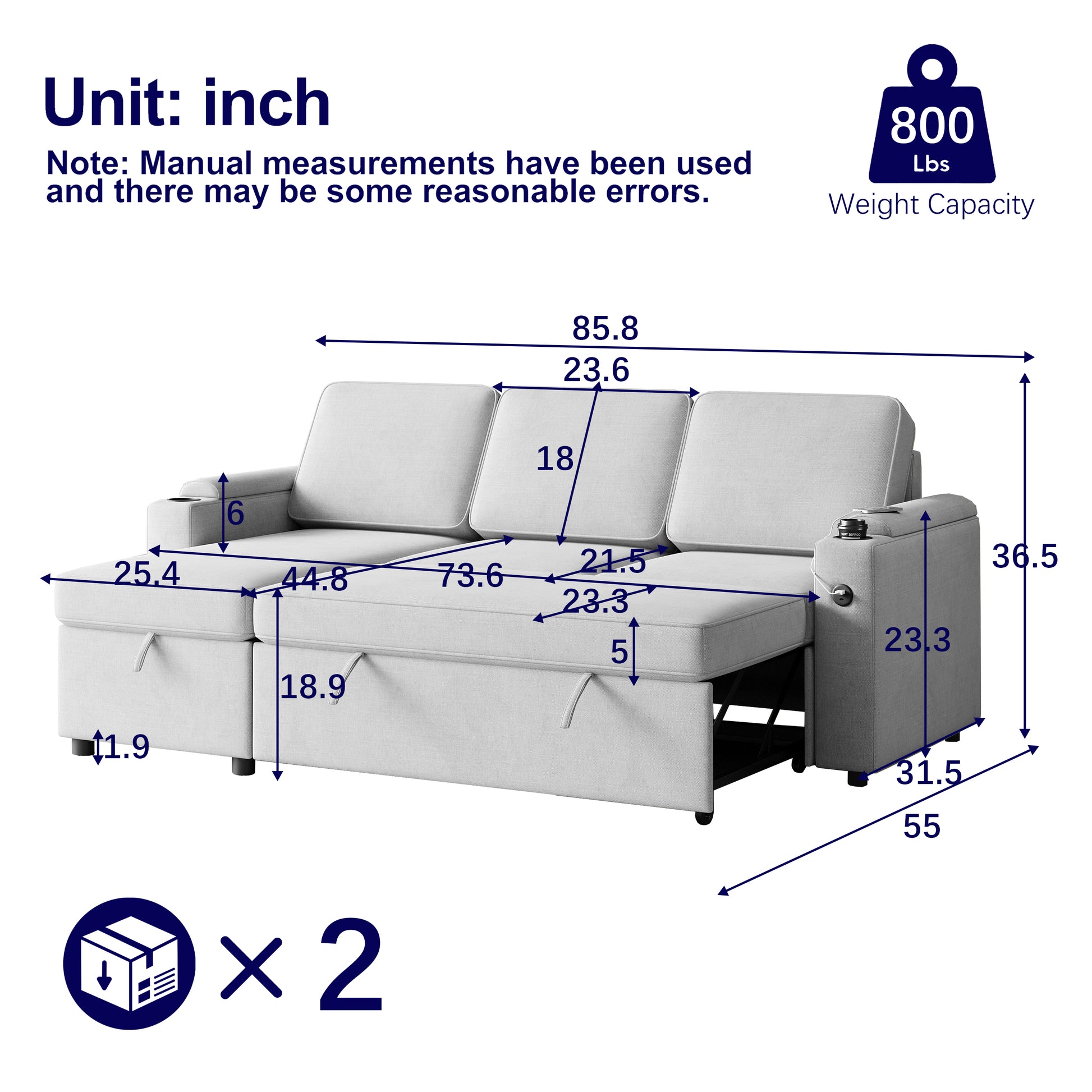 Mh85.8" Sleeper Sofa, Sofa Bed 2 In 1 Pull Out Sofa Bed With Storage Sofa, Sofa Sleeper With Pull Out Bed With Charging Port Light Grey Polyester Primary Living Space Eucalyptus Polyester Fabric 3