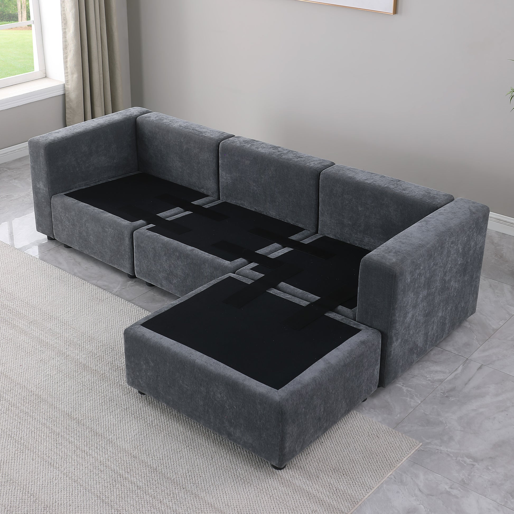 Modular Sectional Sofa, Convertible Sofa Couch, Modular Sectionals With Ottomans, 4Seat Sofa Couch With Reversible Chaise For Living Room. Chenille Grey Grey Fabric 4 Seat