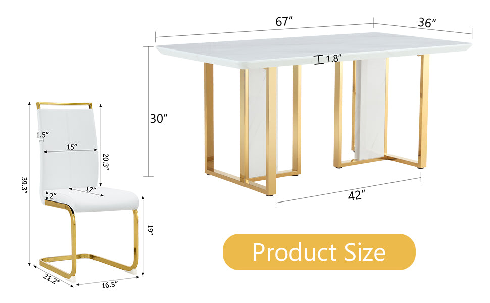 Table And Chair Set.67"X36" White Marble Pattern Mdf Dining Table Set With 8 White Pu Chairs.Mdf Sticker,White Marble Pattern Sticker,Gold C Tube Chair Legs,Suitable For Kitchen,Dining Room,Etc.