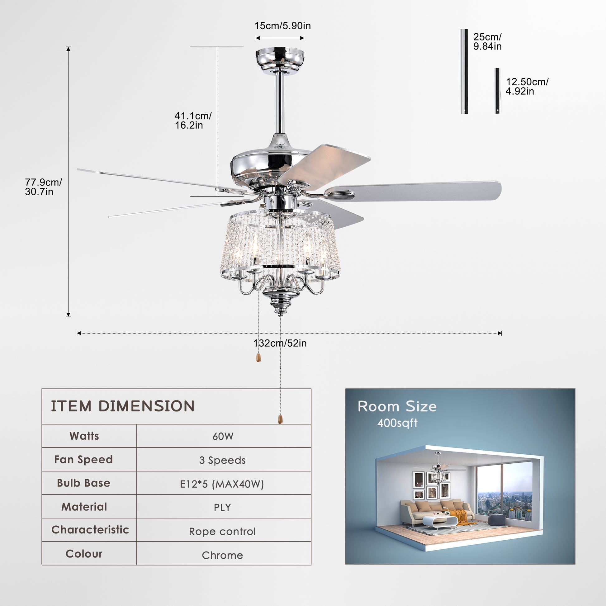 52 Inch Crystal Ceiling Fanmodern Electrical Fan With 5 Wood Reversible Blades, 4 Bulbs Not Included,Noiseless Reversible Ac Motor For Bedroom Living Room Study Patio Home Decoration Chrome Chrome Contemporary,Modern Crystal Metal