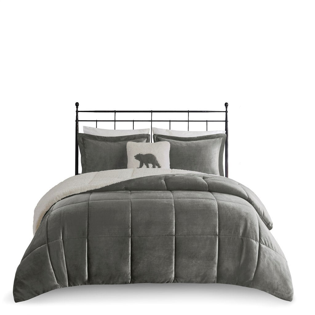 Plush To Sherpa Down Alternative Comforter Set King Charcoal Ivory Polyester