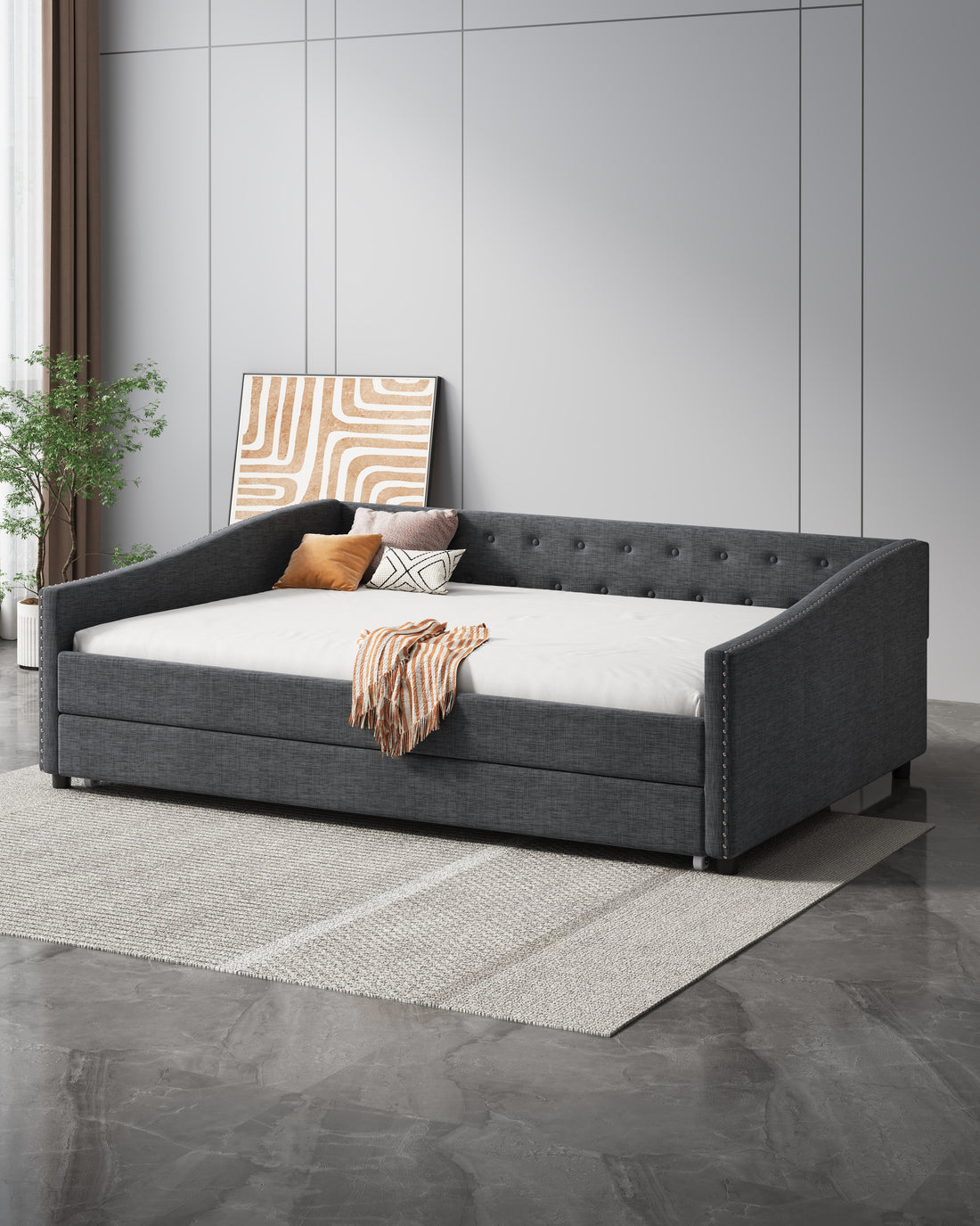 Full Size Daybed With Twin Size Trundle Upholstered Tufted Sofa Bed, With Button On Back And Copper Nail On Waved Shape Arms Dark Grey Full Dark Grey Wood Fabric