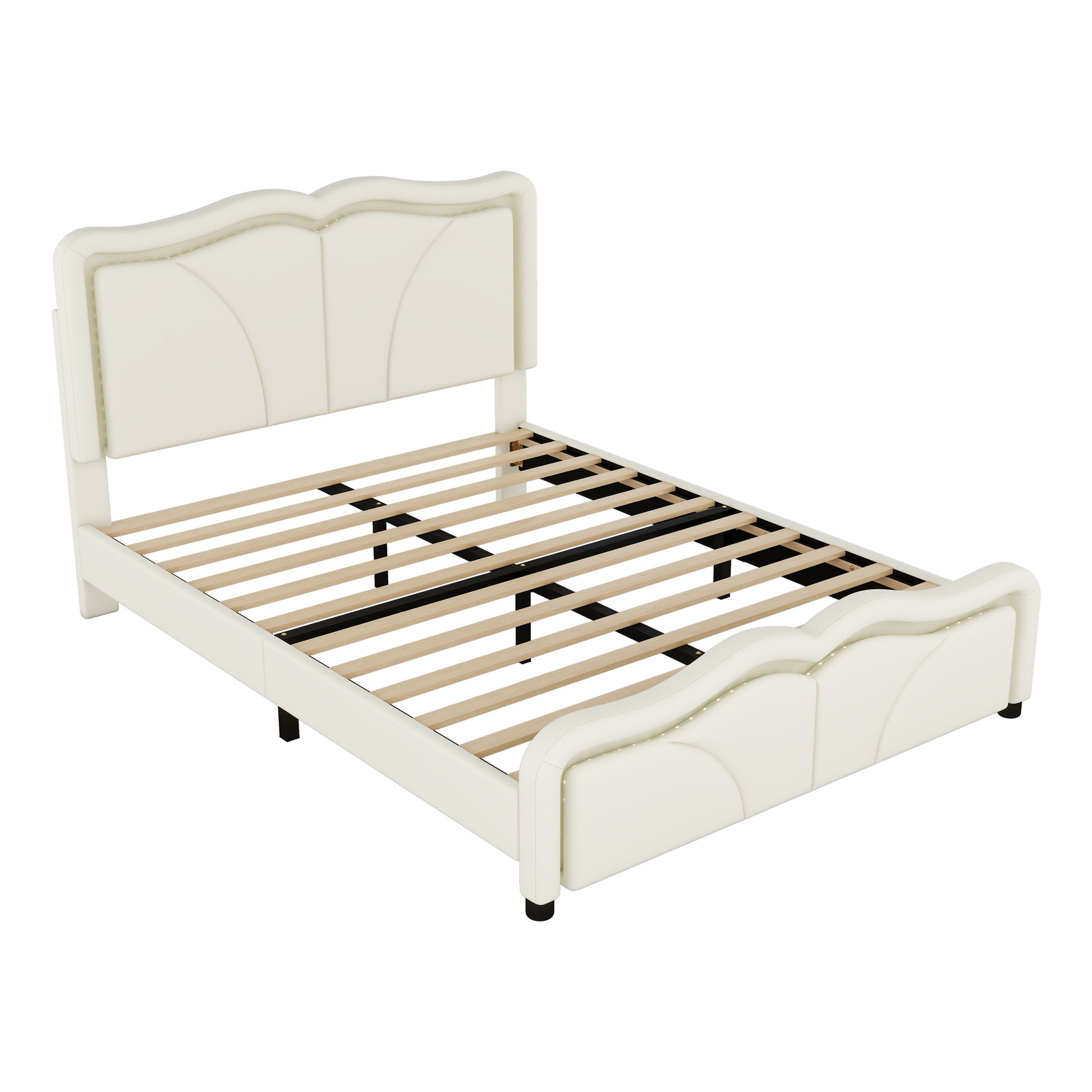 Full Size Upholstered Platform Bed With Curve Shaped And Height Adjustbale Headboard,Led Light Strips,White Full White Upholstered