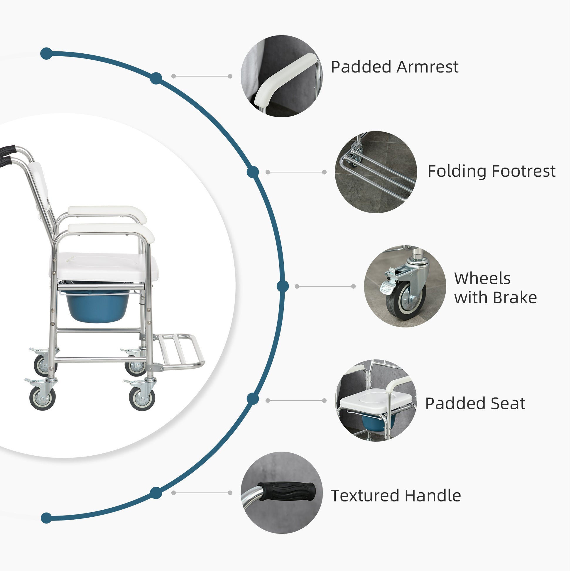 Homcom Shower Commode Wheelchair, Padded Seat, 330 Lbs., White White Aluminum