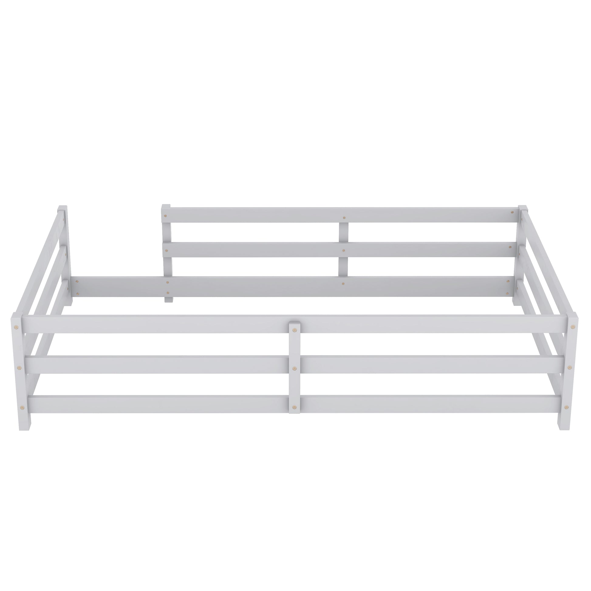 Twin Size Floor Bed, Montessori Floor Bed With Fence, Kids Montessori Bed Twin Size, Wood Montessori Floor Bed For Kids, Girls, Boys Gray Grey Wood Metal