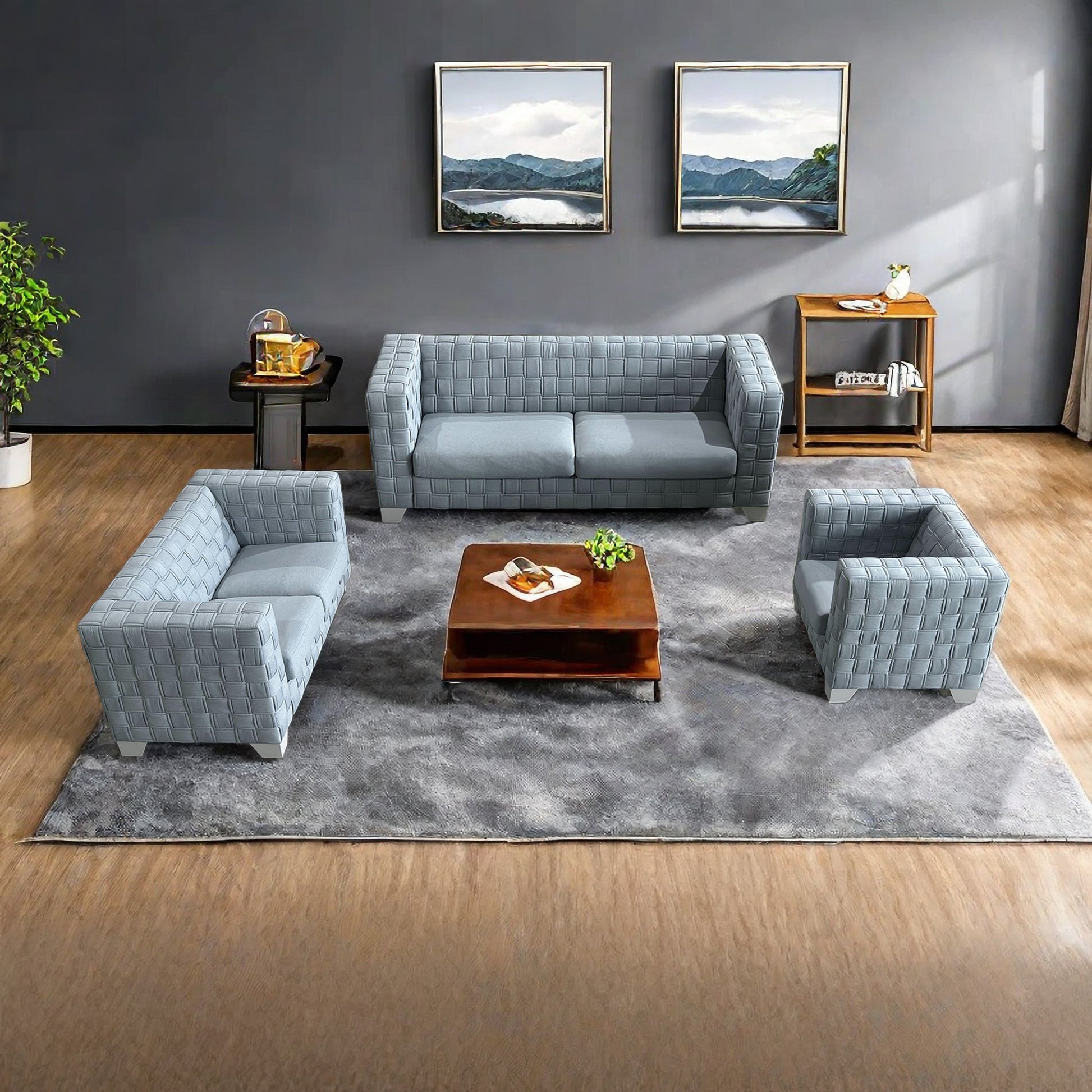 Fx D1 Sofa Set Include Chair Loveseat And Sofa Light Blue Colorlinen & White Color Sofa Legs Light Blue Fabric 6 Seat