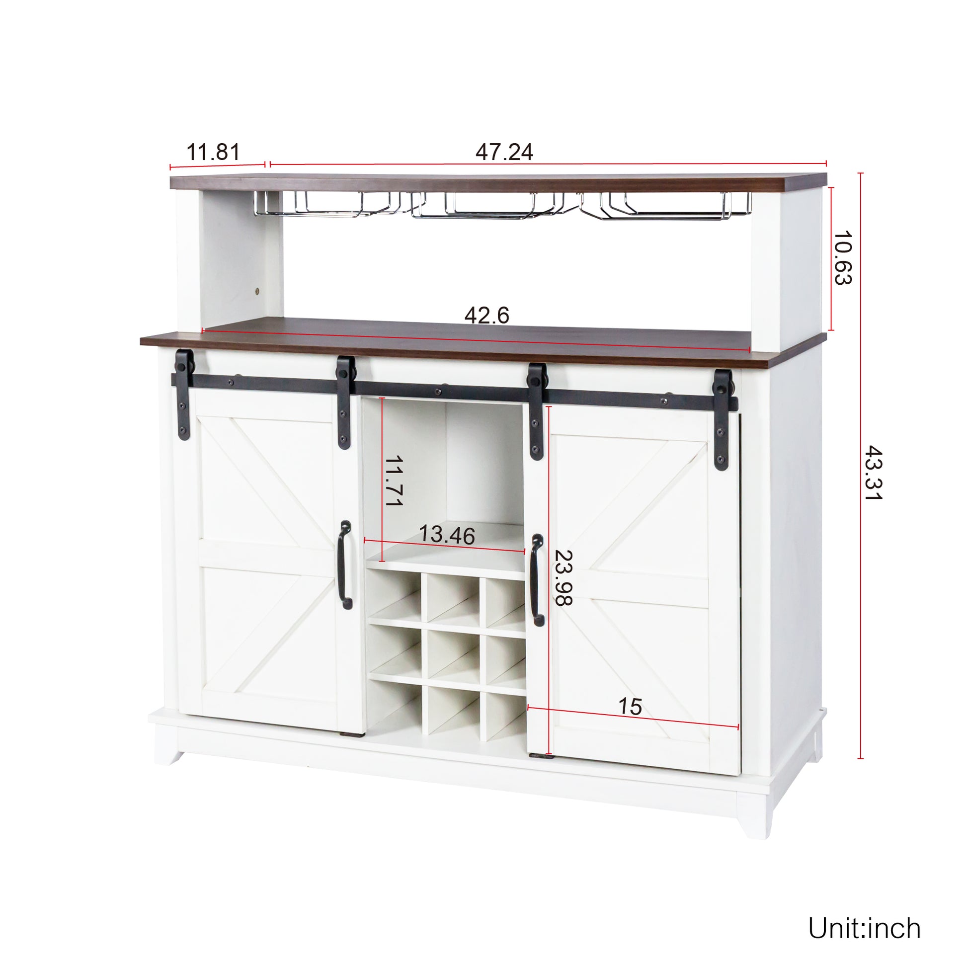 47" Coffee Bar Wine Cabinet With Sliding Barn Doorsideboard Buffet Cabinet With Wine Bottle Rack, Storage Cabinet For Kitchen, Dining Room White Particle Board Mdf