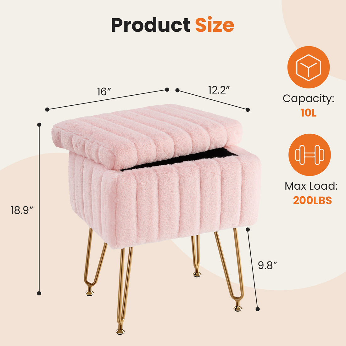 Vanity Stool Chair With Storage, Ottoman Faux Fur Soft Padded Makeup Footstools Seat With 4 Metal Legs Anti Slip Adjustable Feet Modern,Pink Pink Faux Fur