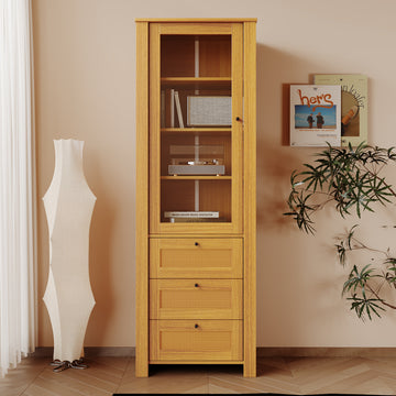 Rattan Door Bookshelf Display Case With Drawer