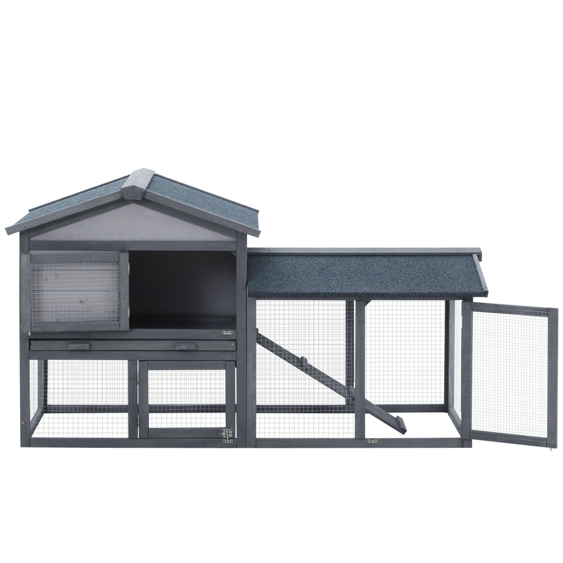 Pawhut 58" Rabbit Hutch, Wooden Bunny Hutch, Guinea Pig Cage, Small Animal Enclosure With Run Area, Removable Tray, Asphalt Roof, Lockable Doors And Ramp, Dark Gray Grey Wood